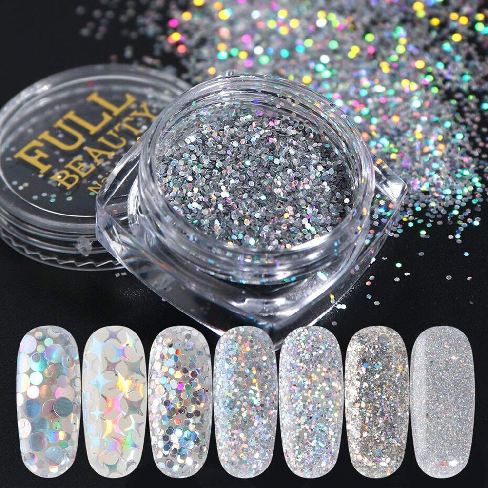 Holographic Nail Art Sequins Glitter Kits, Kissbuty 8 Boxes Holographic Nails Powder Nail Art Sequins Metallic Shining Flakes Si