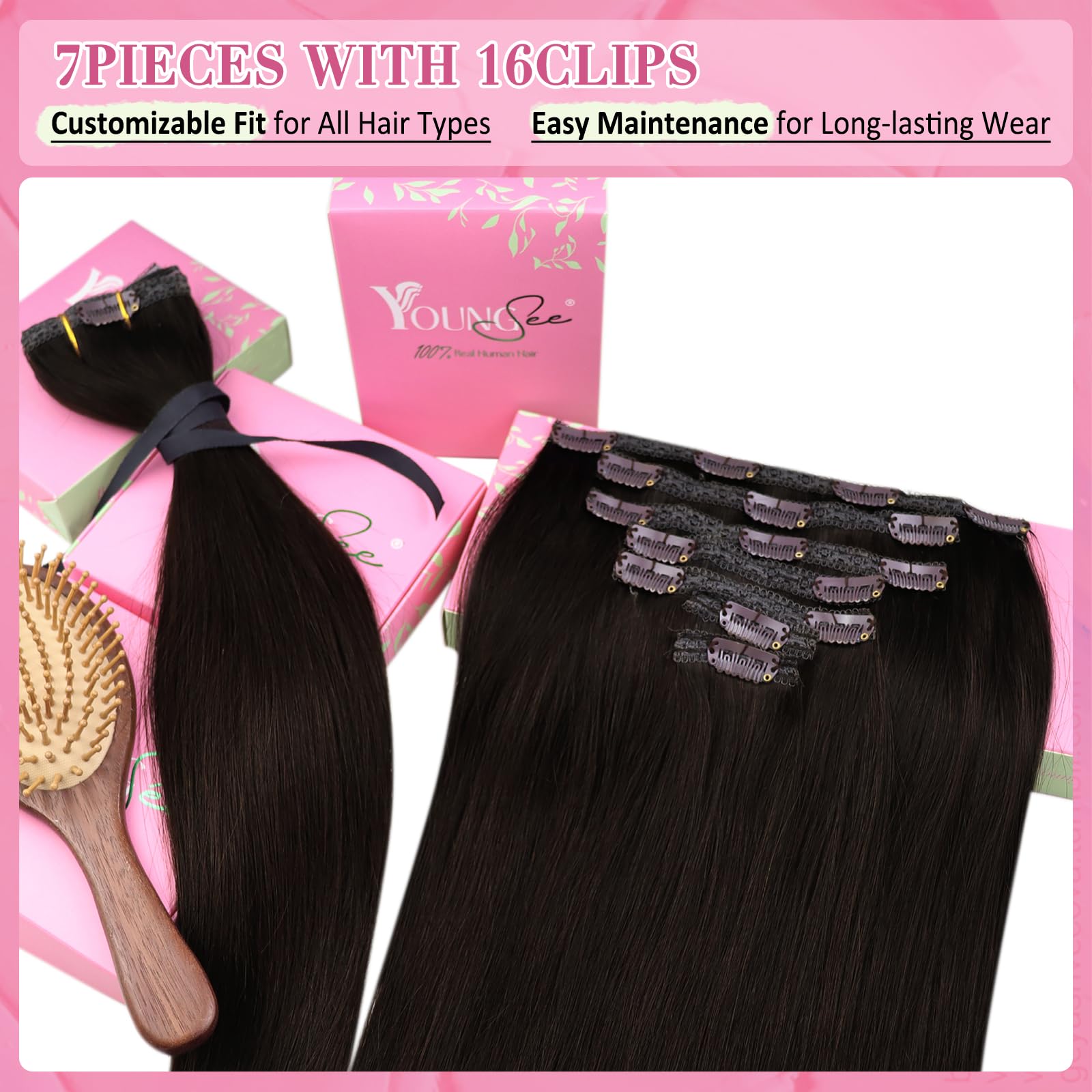 YoungSee 150G Clip in Human Hair Extension Brown Clip in Extensions Real Human Hair Darkest Brown Blendable for Natural Look 20I