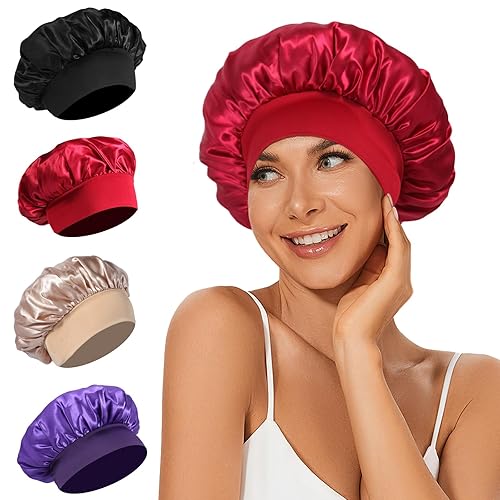 4Pcs Satin Bonnet Silk Bonnet, Hair Bonnet For Sleeping, Elastic Wide Band Silk Sleep Cap, Soft And Breathable (Black Red Purple