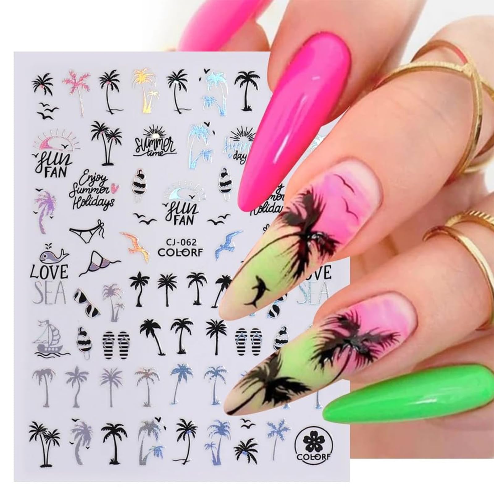 Votacos Summer Nail Stickers For Nail Art 6 Sheets Shell Nail Decals 3D Nail Design Self-Adhesive Nail Supplies Accessories Palm
