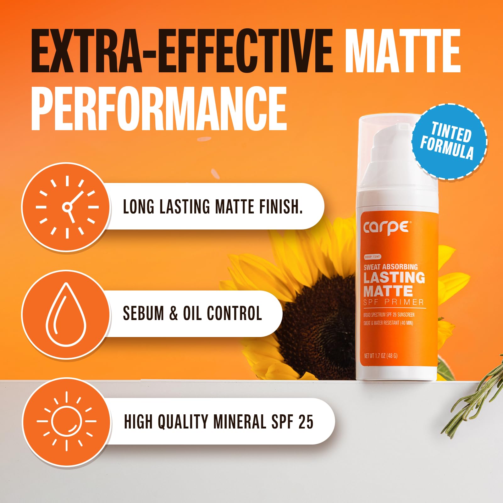 Carpe Primer Face Makeup Base - Zinc Mineral Sunscreen SPF 25, Deep Tint, 1.7 oz, Lasting Matte Primer for Oily Skin