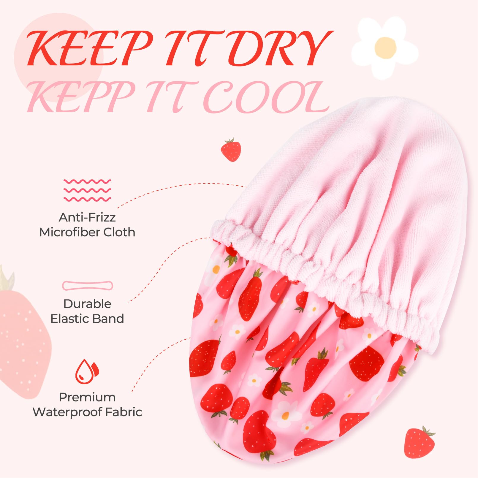 Shower Cap For Women Terry Lined Bath Cap Large Reusable Waterproof Elastic Band Pink Strawberry Shower Caps For Long Thick Hair