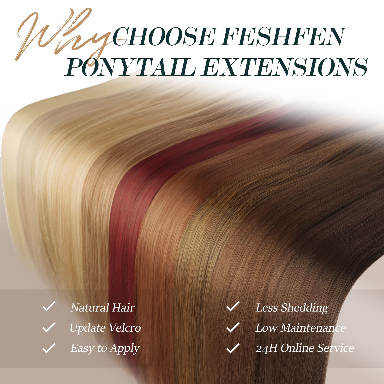Feshfen Straight Long Ponytail Extensions 24 Inch Wrap Around Synthetic Reddish Dark Brown Ponytails Hair Piece Pony Tail Hair E