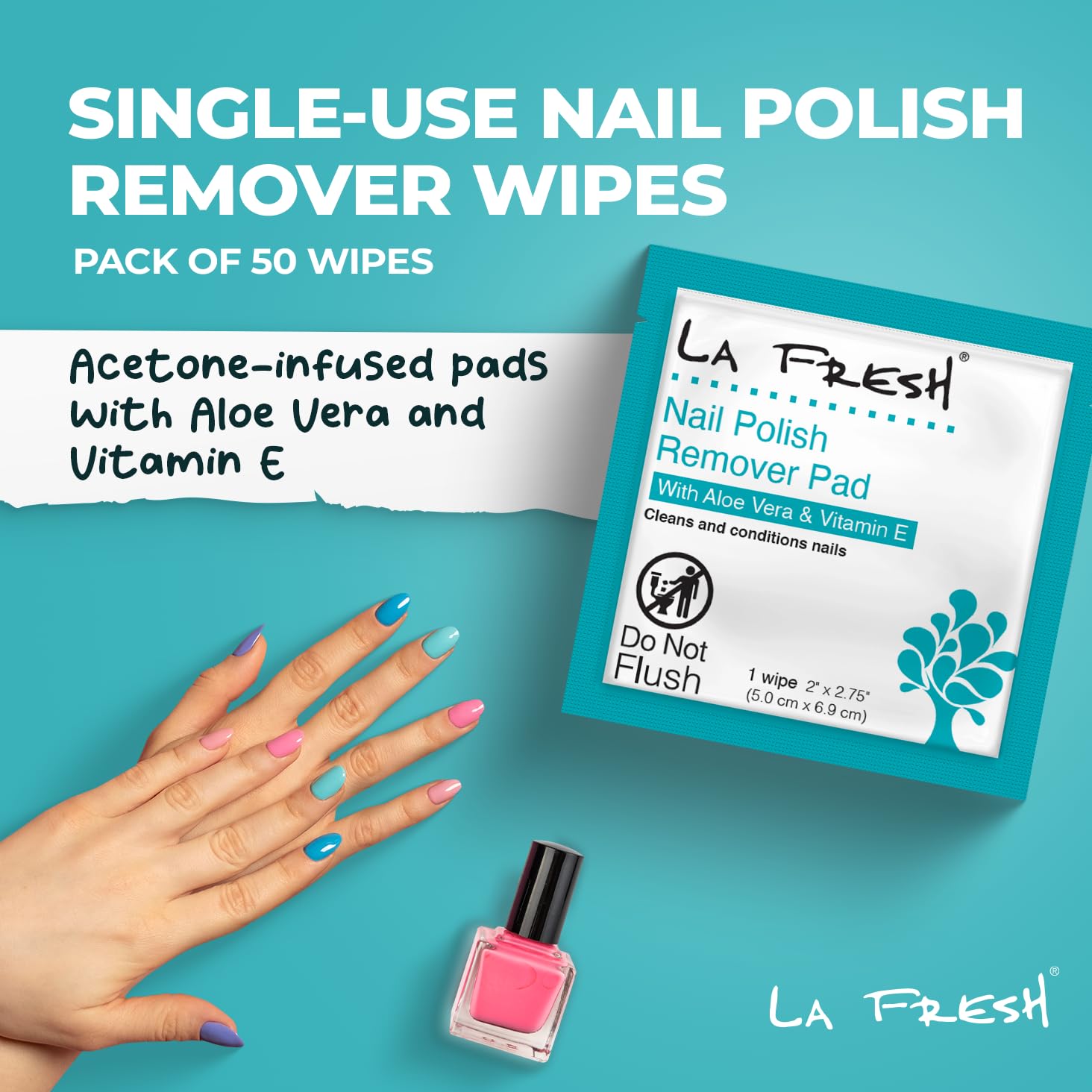 La Fresh Nail Polish Remover Wet Wipes with Lavender, Aloe Vera, and Vitamin E Pack of 50ct Acetone-Infused Pads - Nail Care Tra