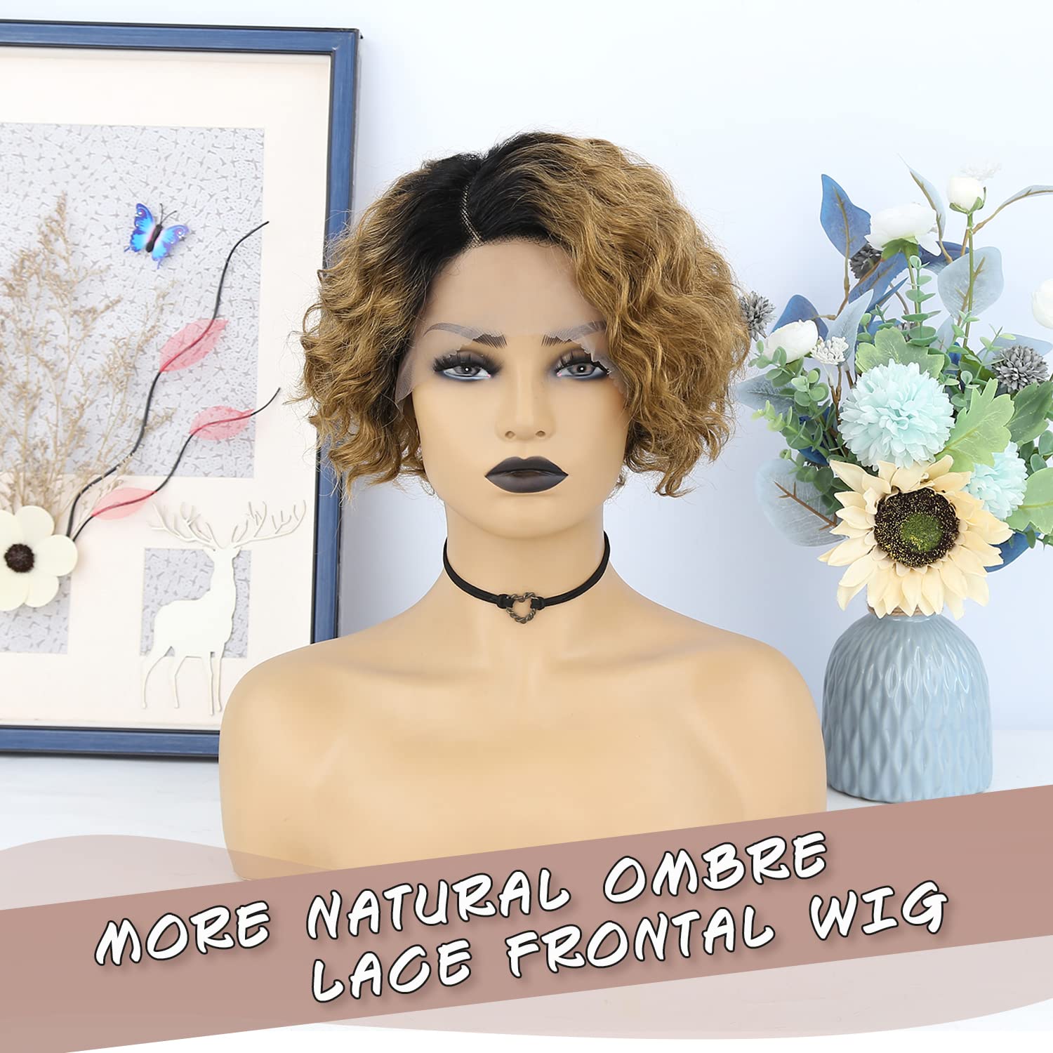 Wiger Short Human Hair Curly Wigs Ombre Curly Bob Hair Wig Brown Short Curly Lace Front Wigs For Black Women 8 Inch Glueless Cur