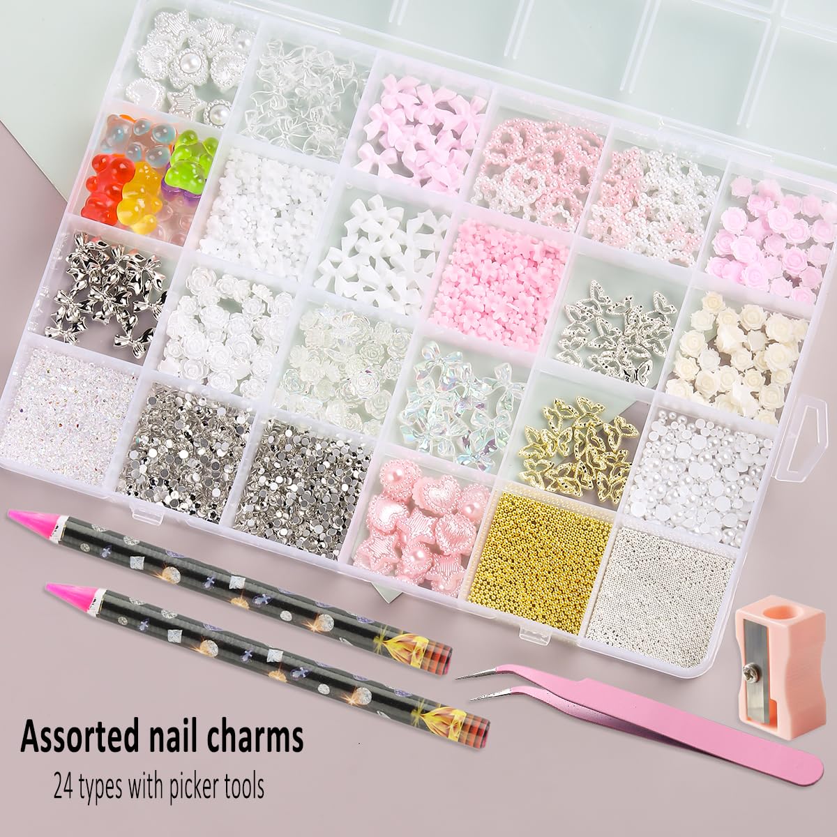 3D Nail Charms Bulk - Mix Assorted Colorful Nail Art Charms with Flowers, Hearts, Pearls, Butterflies, Bows & Crystals - Include
