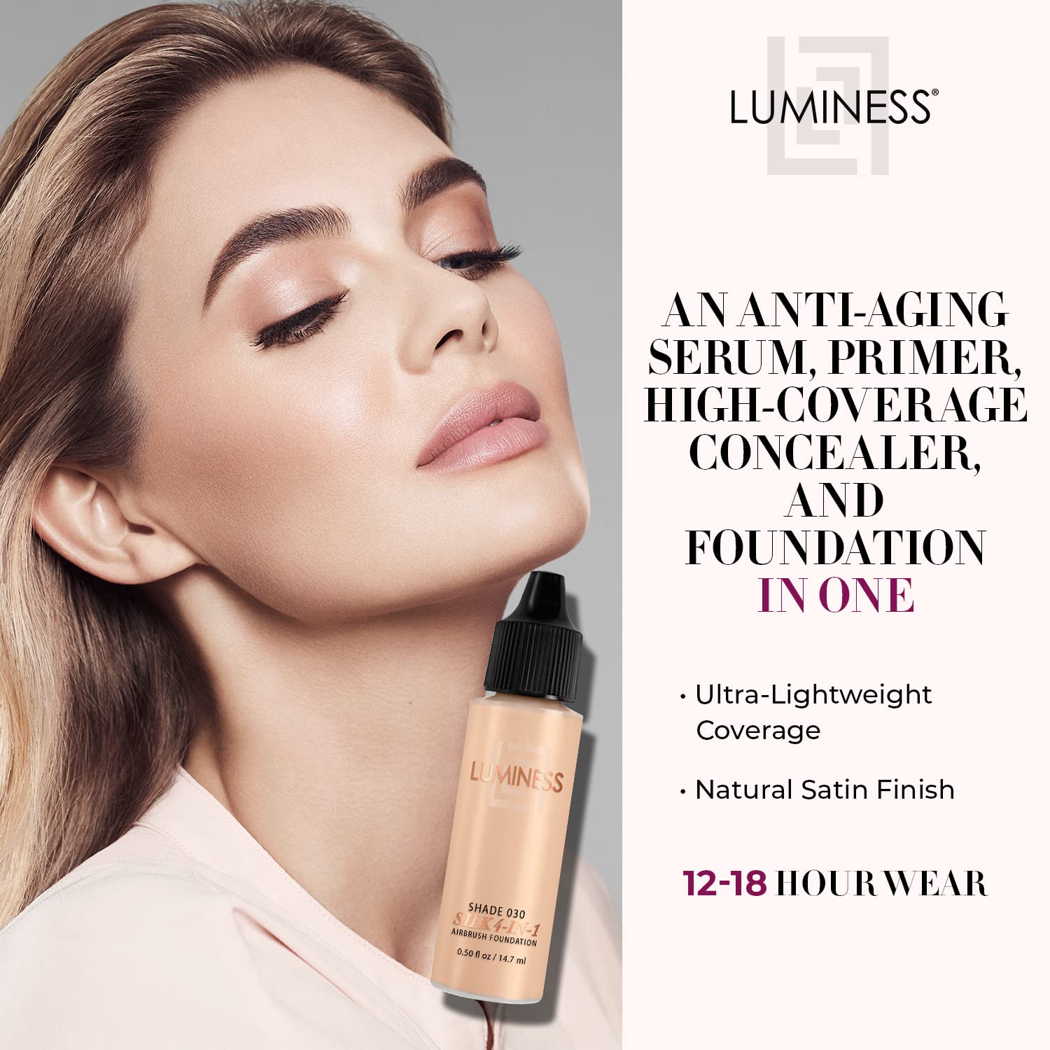 Luminess Air Silk 4-In-1 Airbrush Foundation- Foundation, Shade 030 (.5 Fl Oz) - Sheer to Medium Coverage - Anti-Aging Formula H
