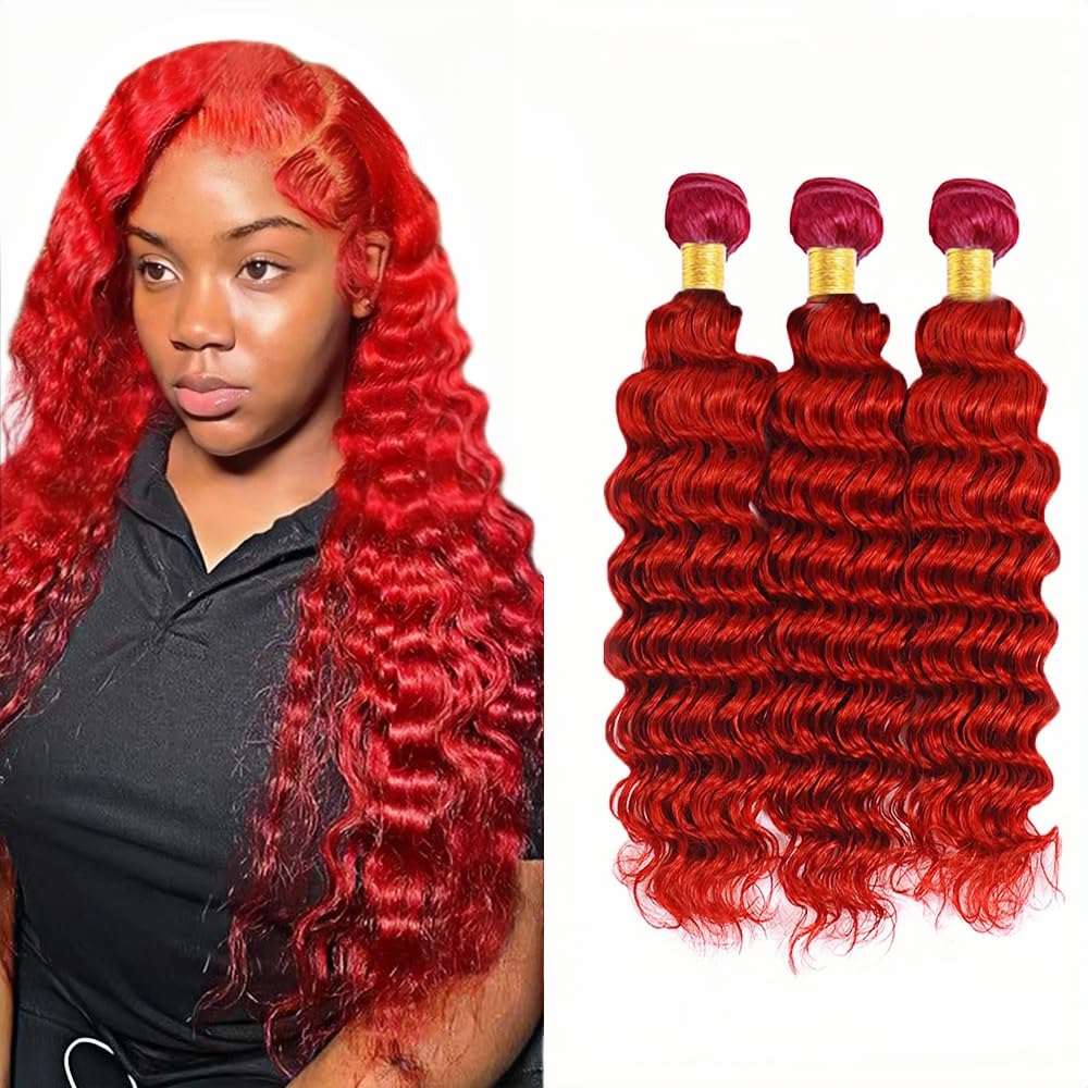 Red Bundles Deep Wave Bundles Human Hair 26 28 30 Inch Unprocessed Brazilian Virgin Hair Weave 3 Bundle 50 Grams Per Bundle Red 