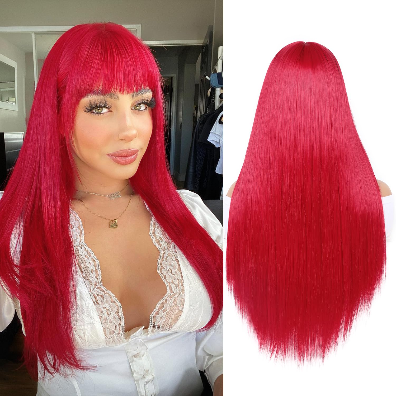 WIGER Long Red Wigs with Bangs Straight Red Hair Wig for Women Long Hot Pink Bangs wig Full Cosplay Wig for Women Synthetic Natu