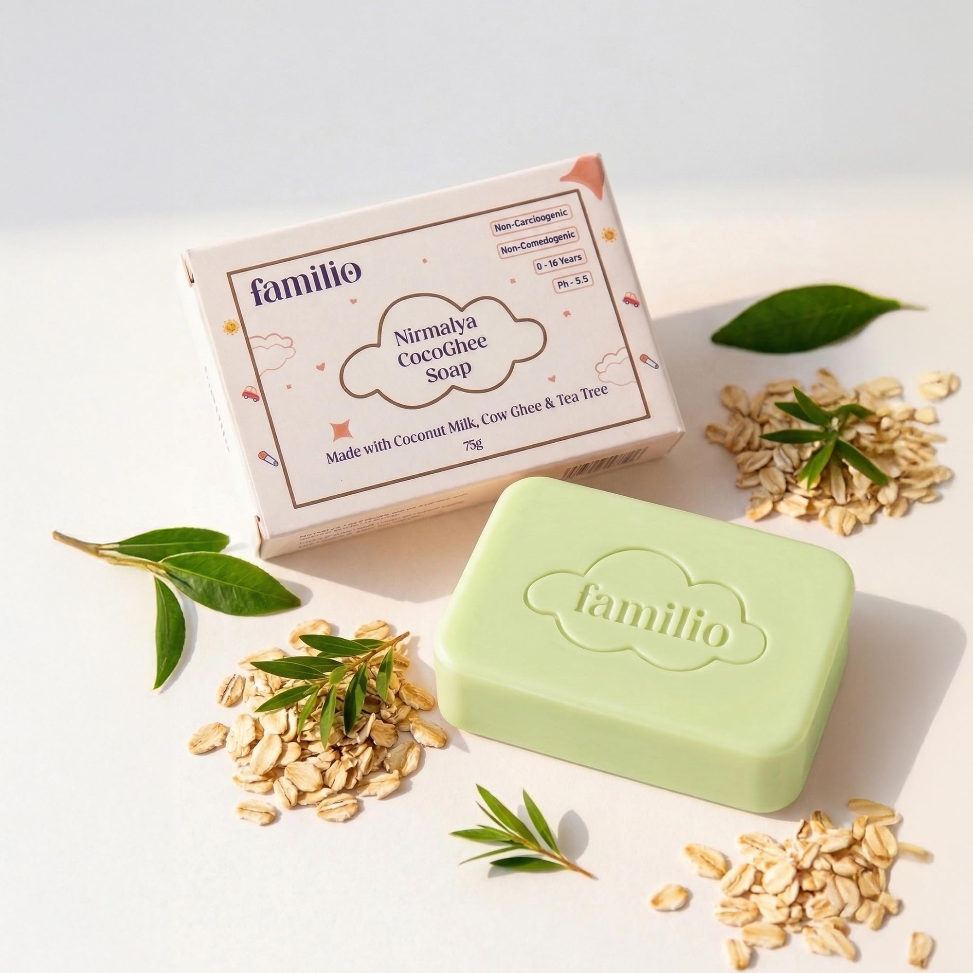Familio Cocoghee Nirmalaya Kids Bathing Soap | Gentle Cleansing Bar For Sensitive Skin | With Coconut Oil, Cow Ghee & Oatmeal | 