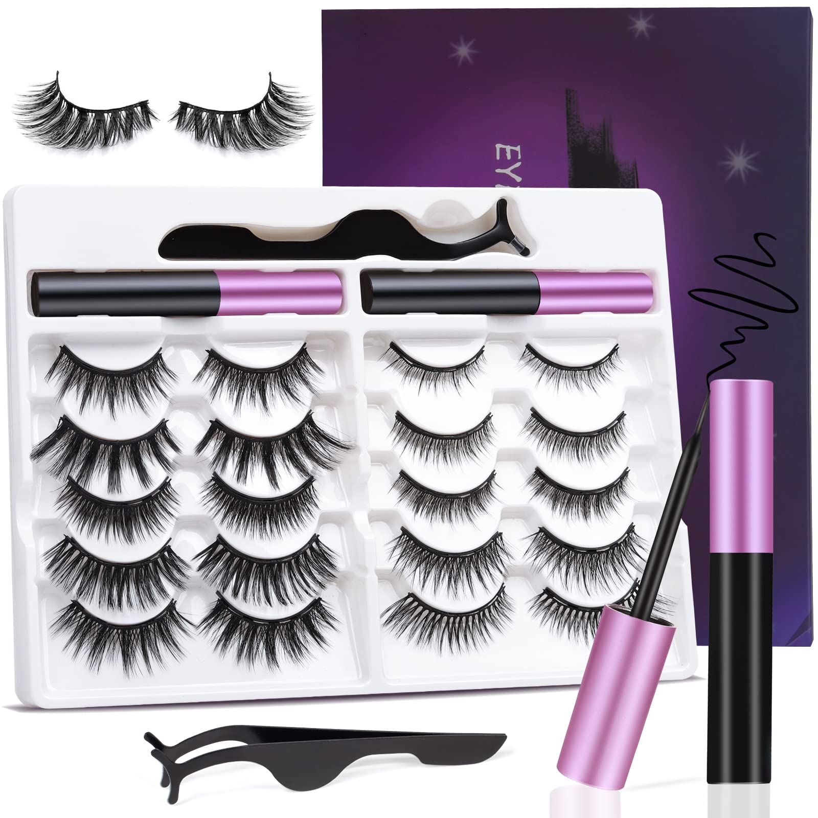 [10 Pairs] Magnetic Eyelashes And Eyeliner Kit, Reusable Magnetic Lashes With Eyeliner And Tweezers, 3D Natural Look False Eyela