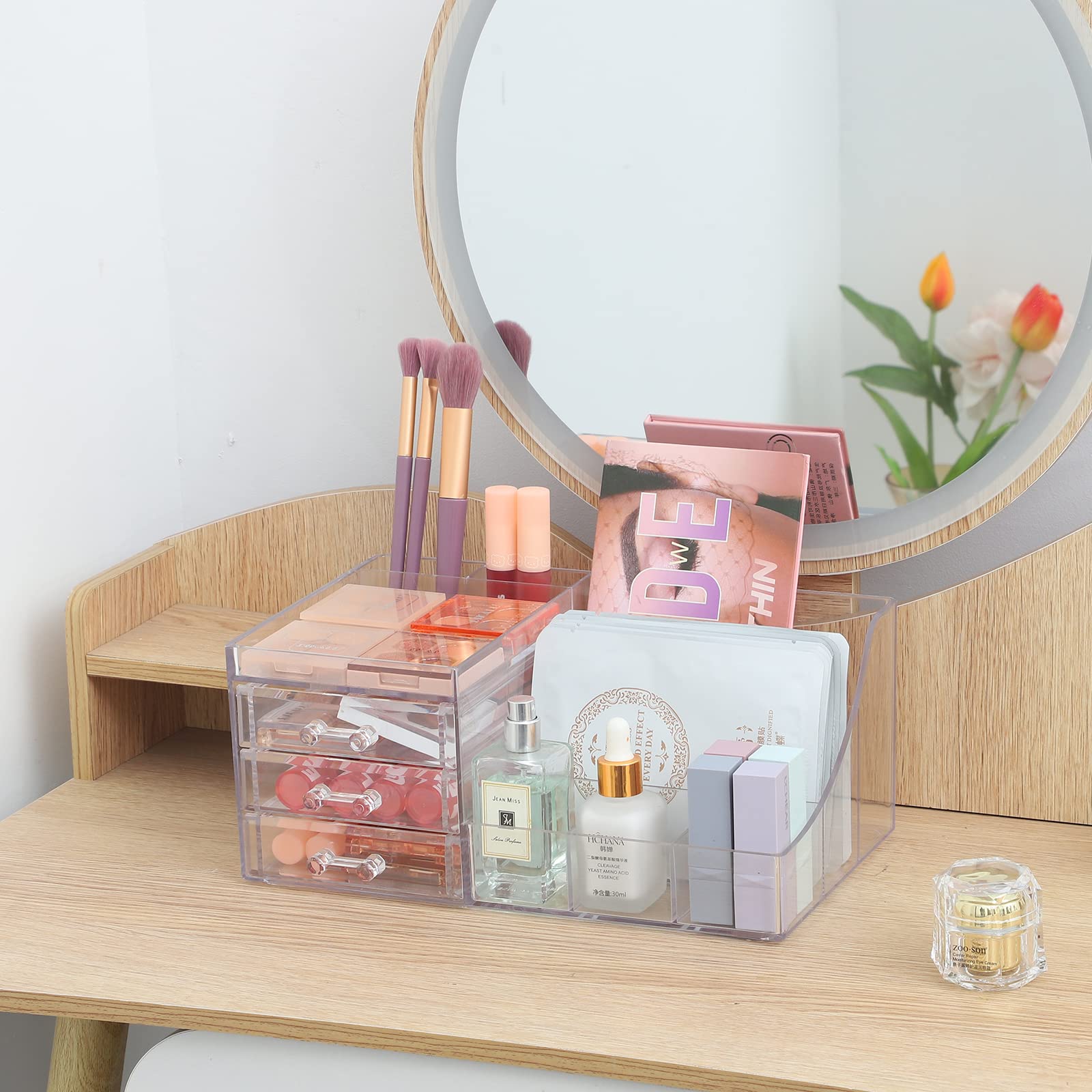 Cq Acrylic 1 Pack Clear Make Up Organizer Countertop,Stackable 3 Drawers Makeup Storage,Cute Vanity Organizers For Dresser Hair