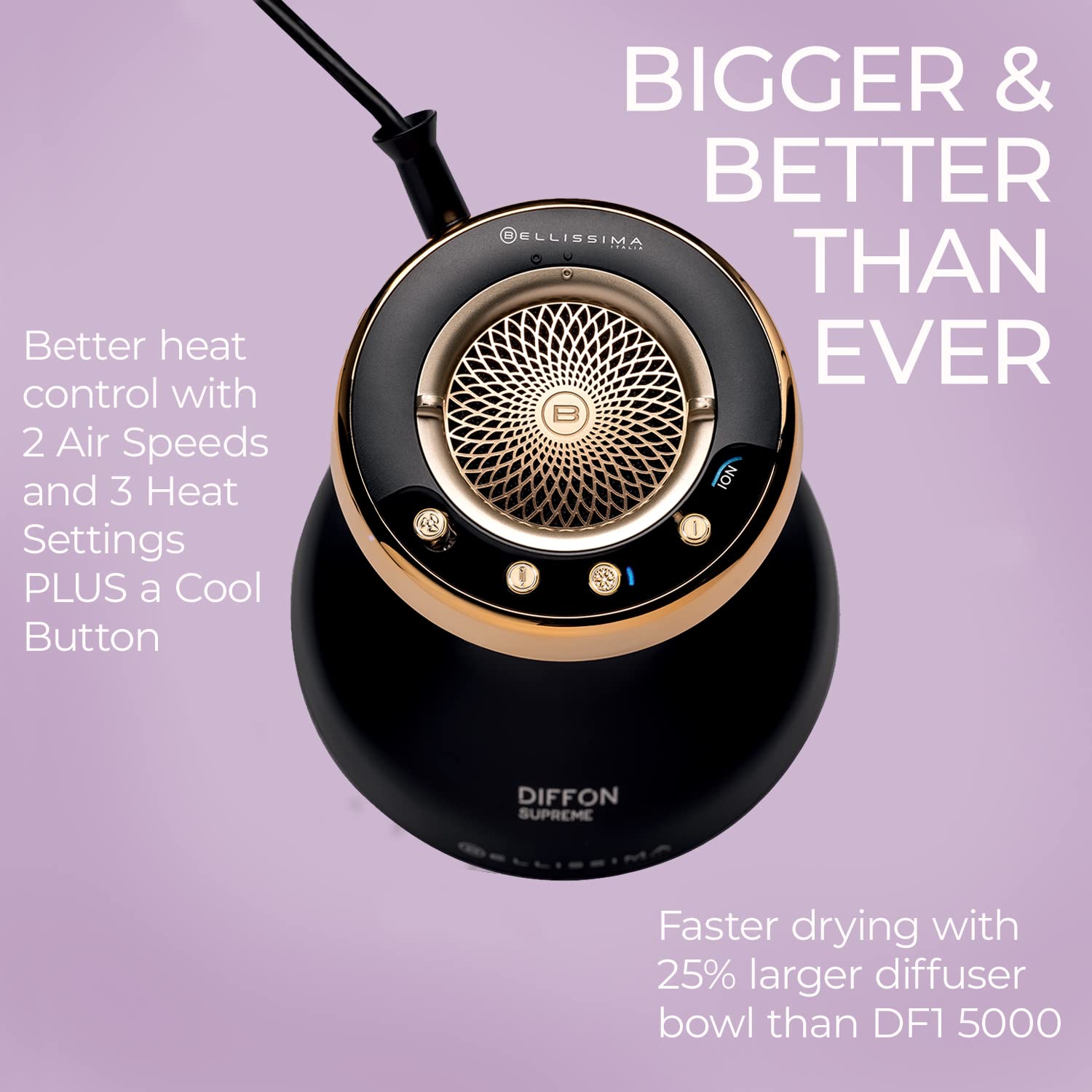 BELLISSIMA ITALIA Diffon Supreme Diffuser & Curly Hair Dryer - XL Black Ceramic, Quick Drying, Anti-Frizz Technology