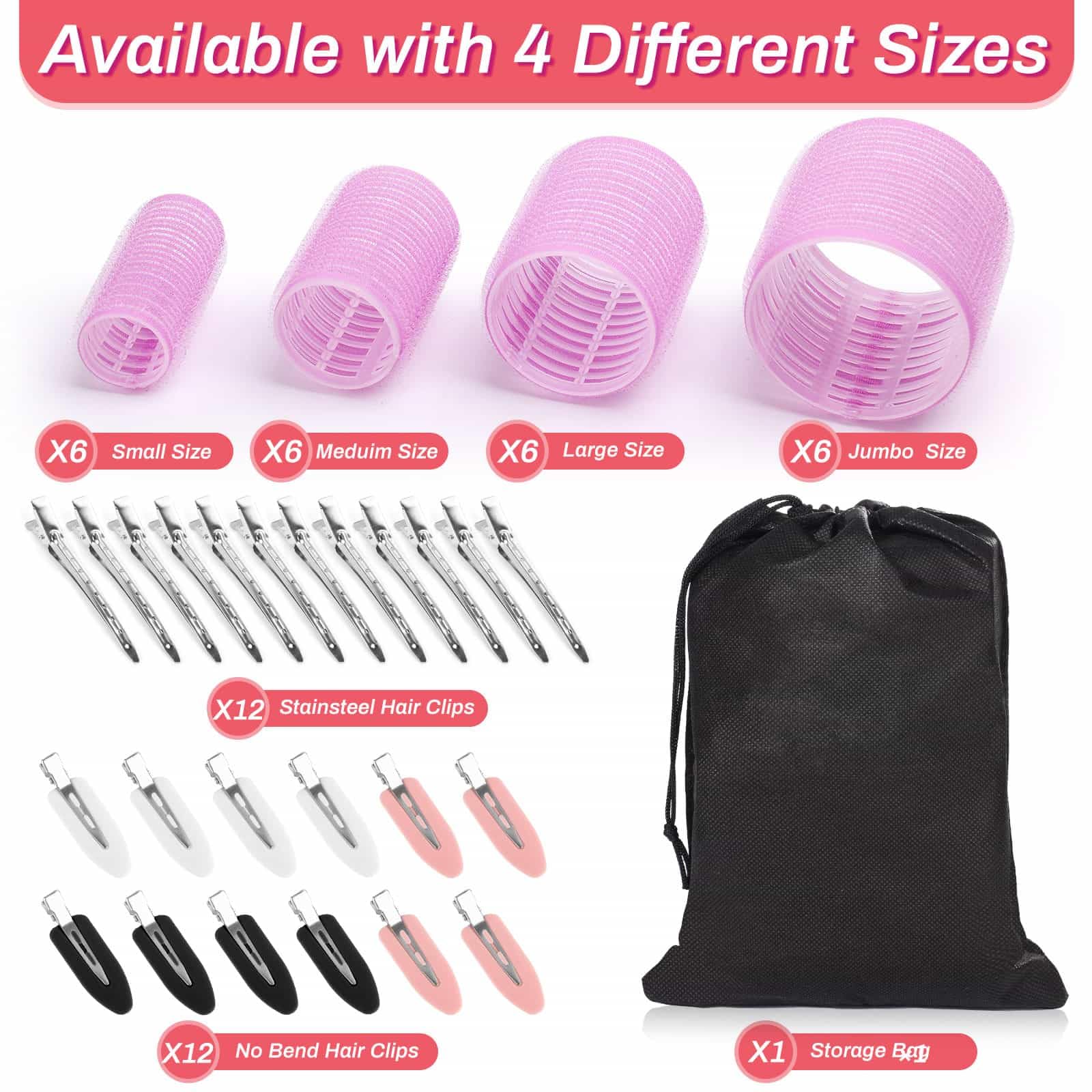 Rollers Hair Curlers Set Of 48 With 24 Curlers (6 Jumbo, 6 Large, 6 Medium, 6 Small) And 24 Clips For Long, Medium, Short Hair (