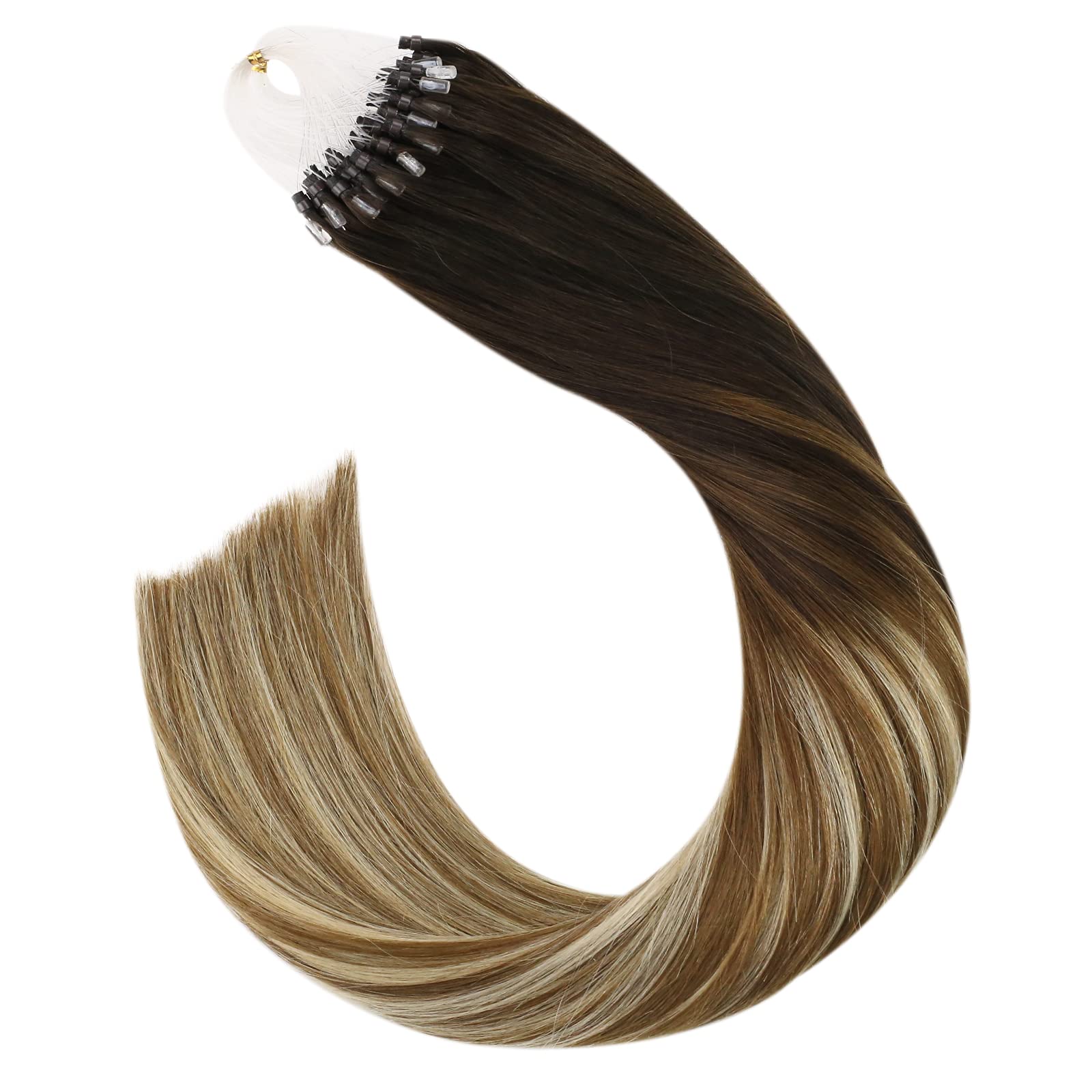 Ugeat 16Inch Microlink Hair Extensions Human Hair #4/6/613 Balayage Brown With Blonde Micro Loop Ring Hair Extensions 50Gram 1G/