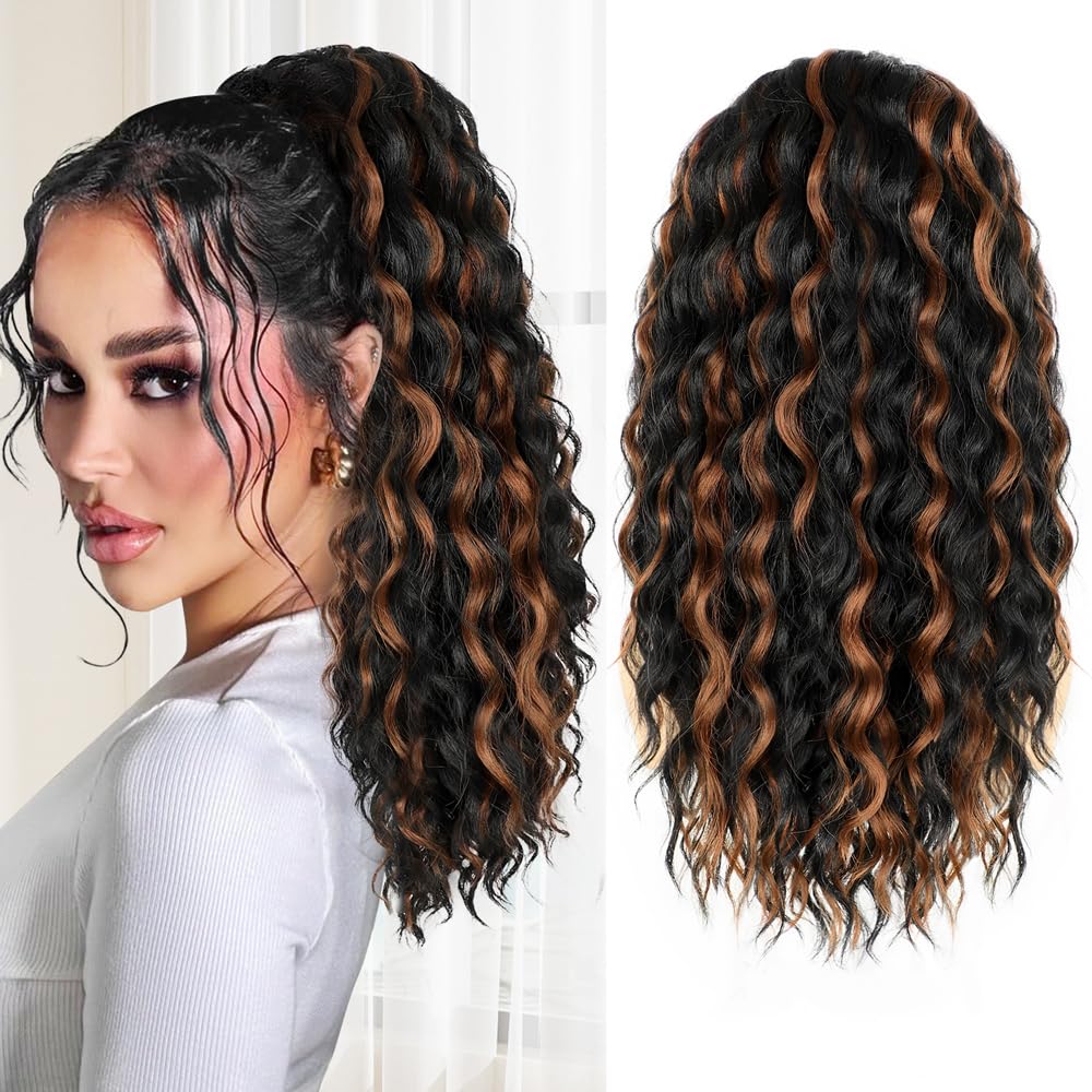 ALXNAN Wavy Curly Ponytail Extension, 18'' Black With Highlights Drawstring Ponytail for Black Women Short Soft Natural Syntheti