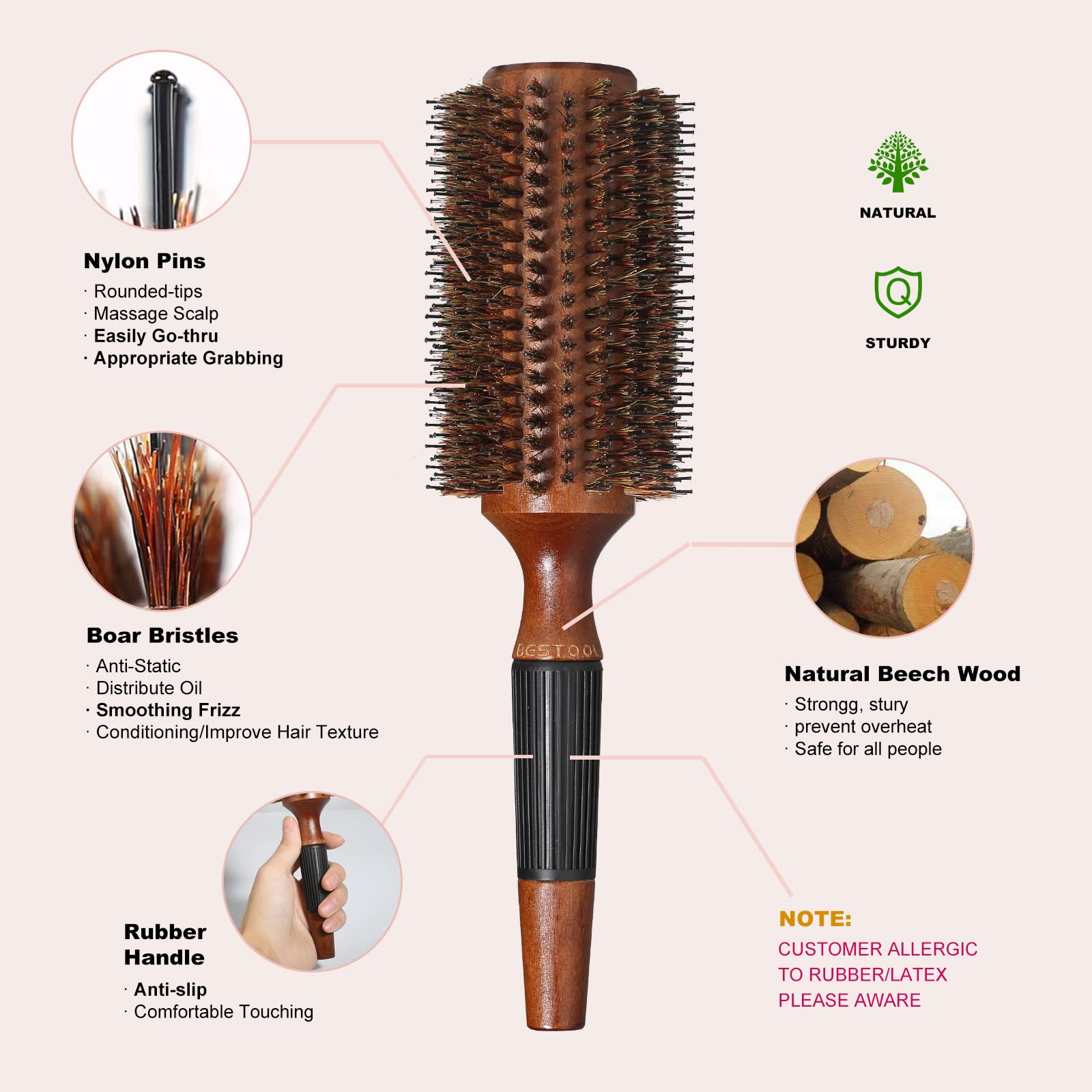 BESTOOL Round Brush for Blow Drying, Round Hair Brush for Women or Men, Boar Bristle Large Round Hairbrush for Quick Blowout, Ad