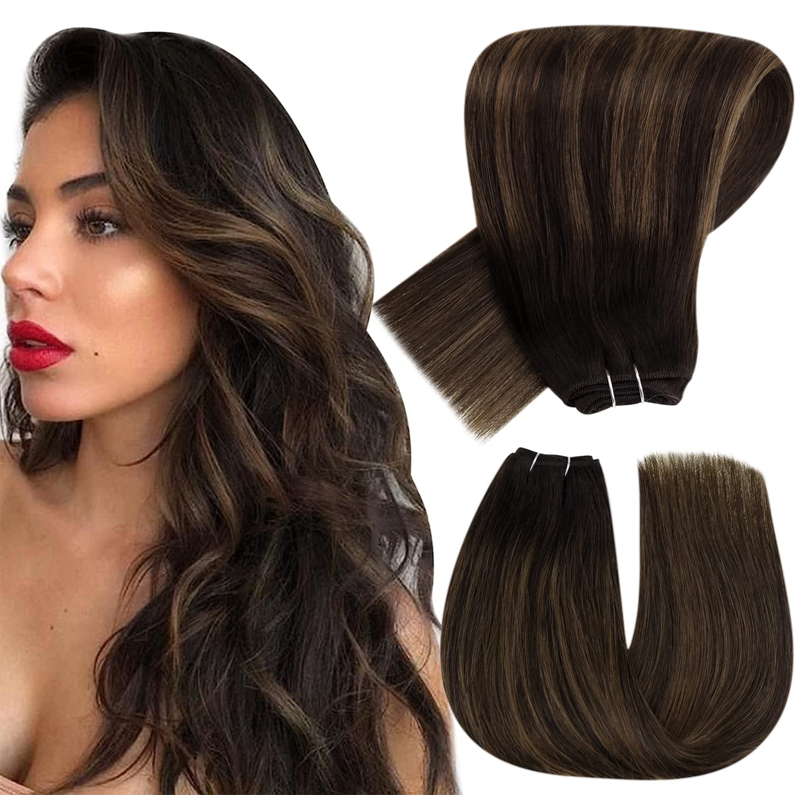 Hetto Ombre Brown Human Hair Weft Sew in Extensions Weft Hair Extensions Human Hair #2/8/2 Darkest Brown with Ash Brown Balayage
