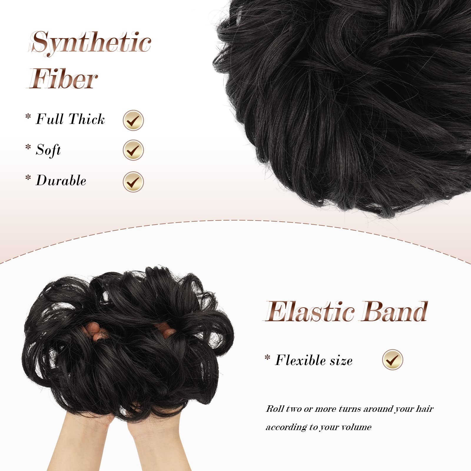 FESHFEN Messy Bun Hair Piece Hair Bun Scrunchies Darkest Brown Synthetic Wavy Chignon Ponytail Hair Extensions Thick Updo Hairpi