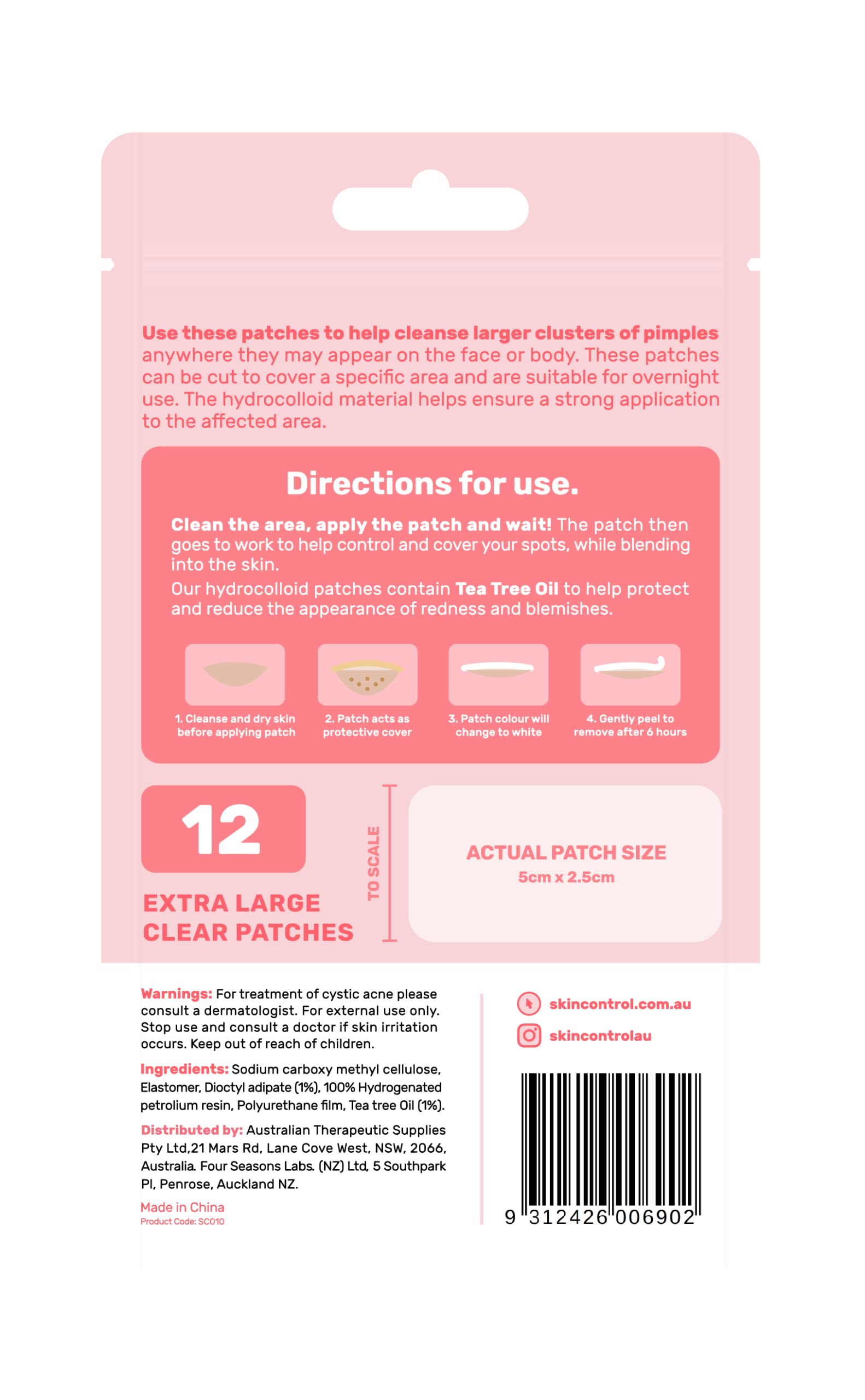 Skin Control Pimple Patch XL 12-Pieces, 5cm x 2.5 Size, Clear