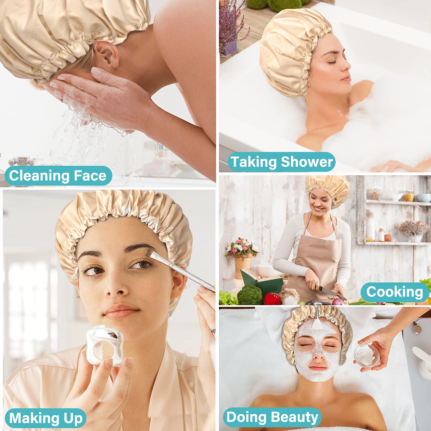 3 Packs Shower Caps For Women Reusable Waterproof Double Layer Extra Large Adjustable Bath Cap Leakproof For All Hair Lengths St