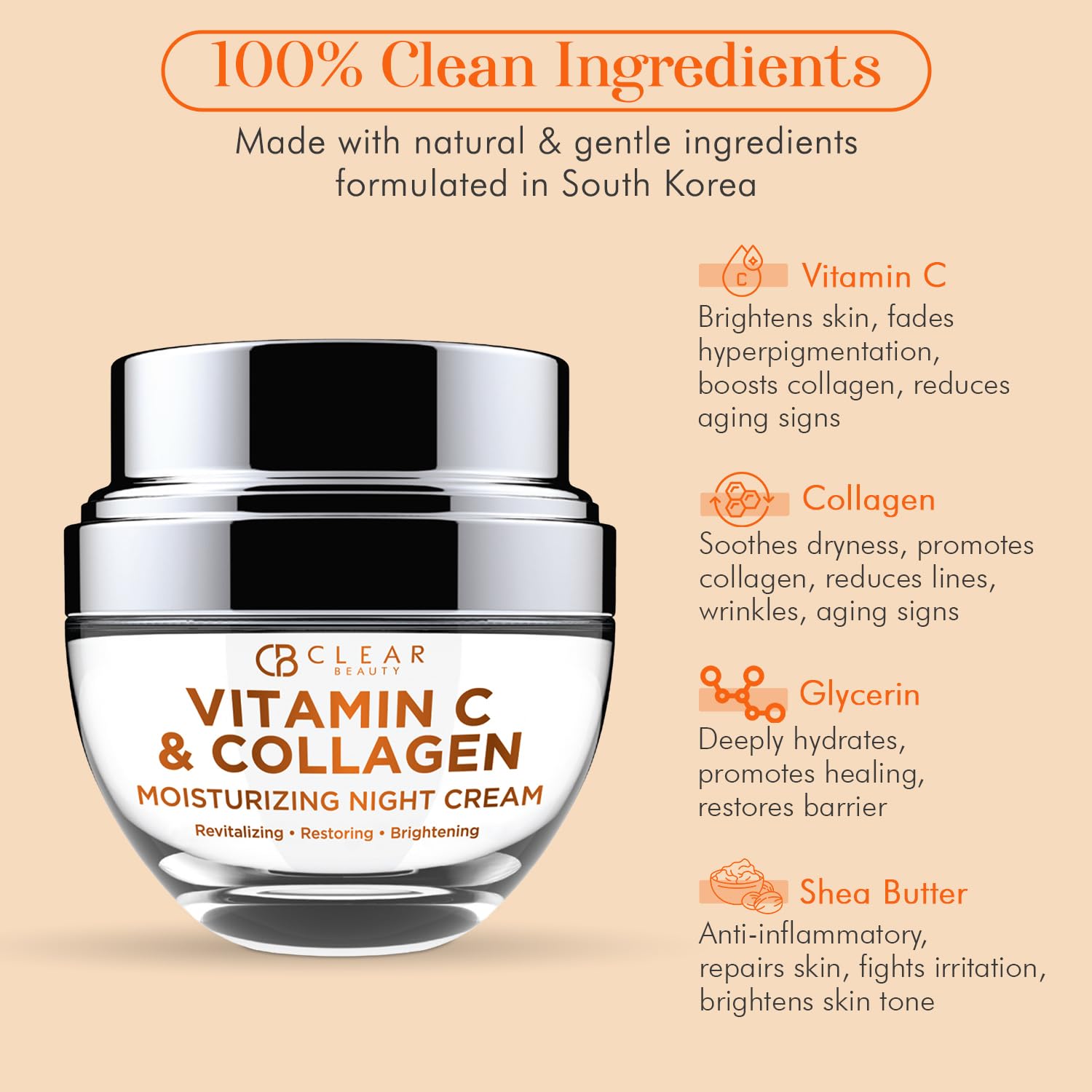 Clear Beauty Vitamin C & Collagen Night Face Moisturizer - Dermatologist Tested, Restores & Firms Skin, Anti-Aging, Natural Ingr