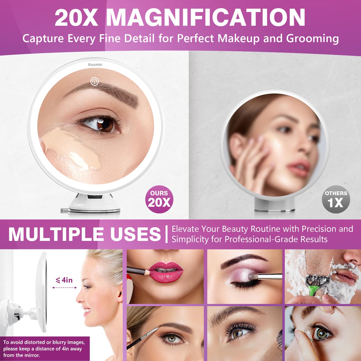 Auxmir Magnifying Mirror With Light 20X, Lighted Makeup Mirror With 20X Magnification, 8 Rechargeable Vanity Mirror With Power S