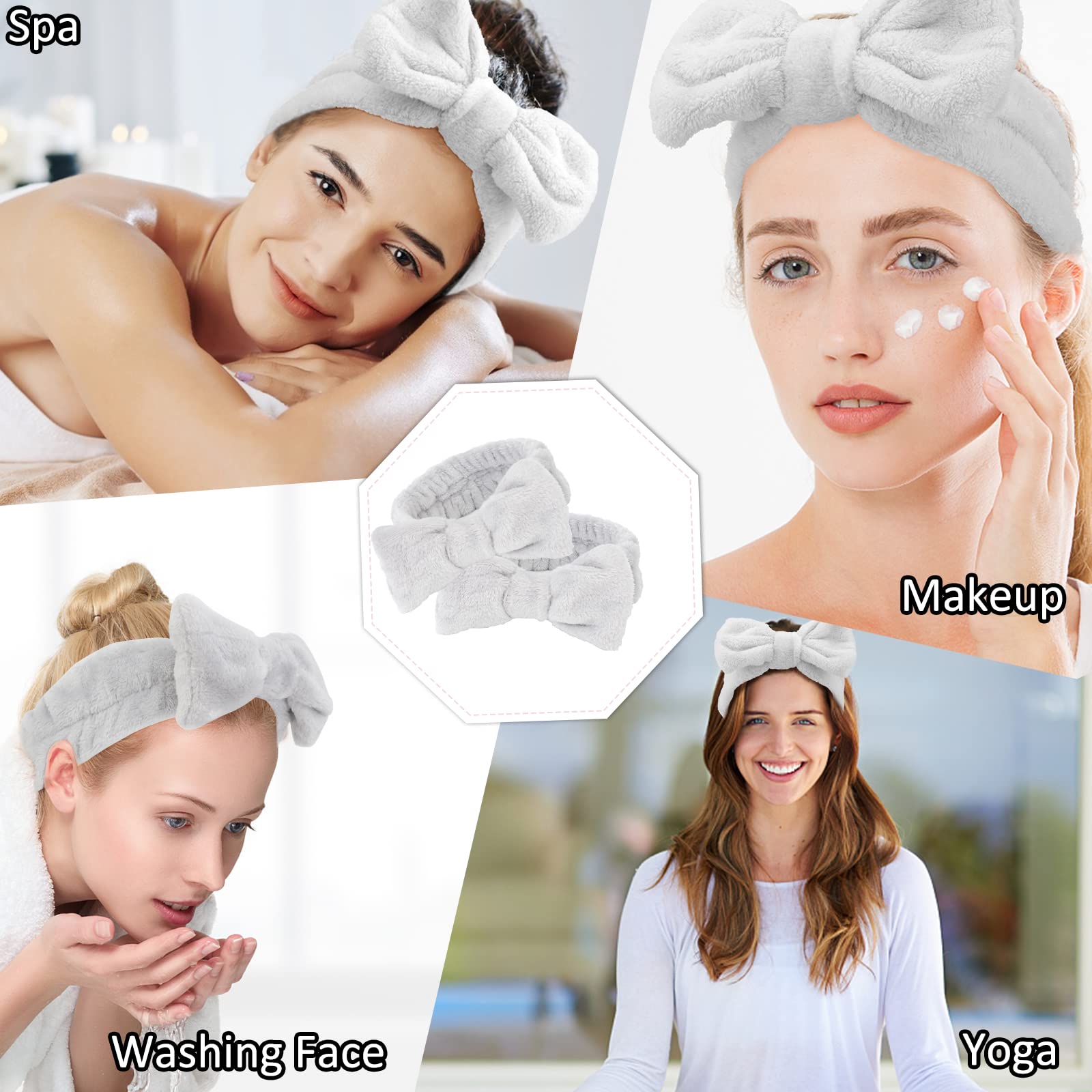 Casoty 6 Pcs Grey Spa Headband, Bow Hair Band, Soft Coral Fleece Makeup Headband, Hair Band For Washing Face, Skincare Headbands