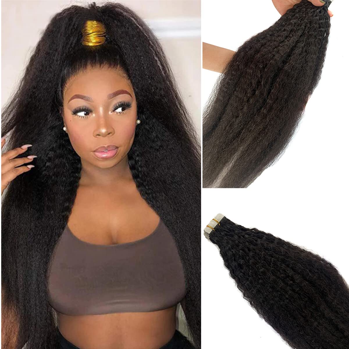 Kinky Straight Tape In Human Hair Extensions For Black Women 22Inch Natural Black Tape In Kinky Straight Hair Extensions Black K