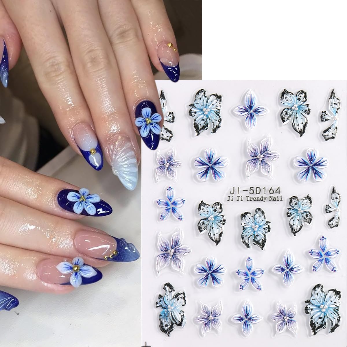 Fcozpjk Blue Flowers Stickers for Nails 5D Embossed Flower Nail Stickers Lily Hibiscus Cherry Blossom Rose Floral Nail Decals Se