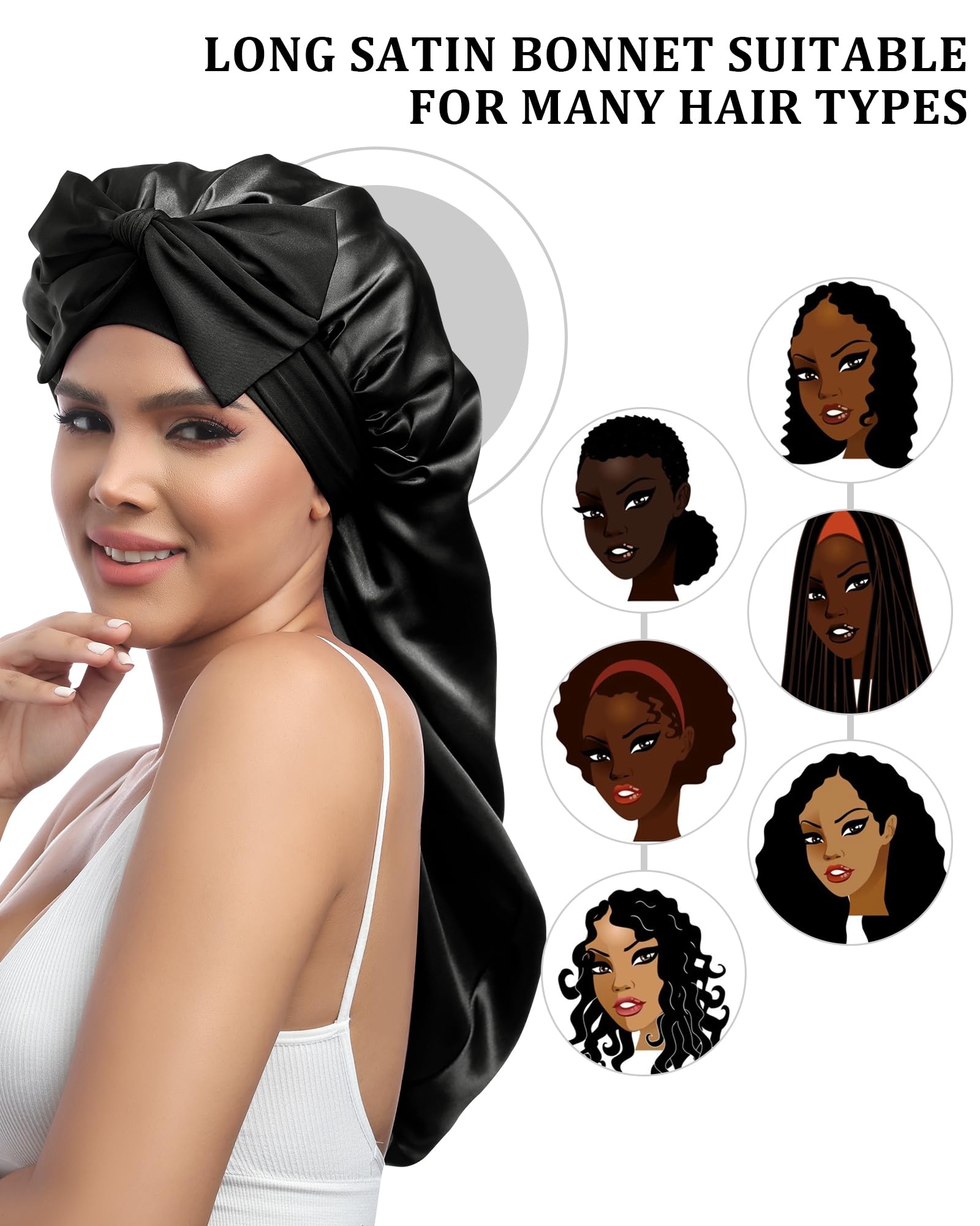 Awaytr Long Satin Bonnet For Sleeping - Double Layer Reversible Silk Bonnet For Long Hair Women Sleeping Cap With Tie Band (Blac
