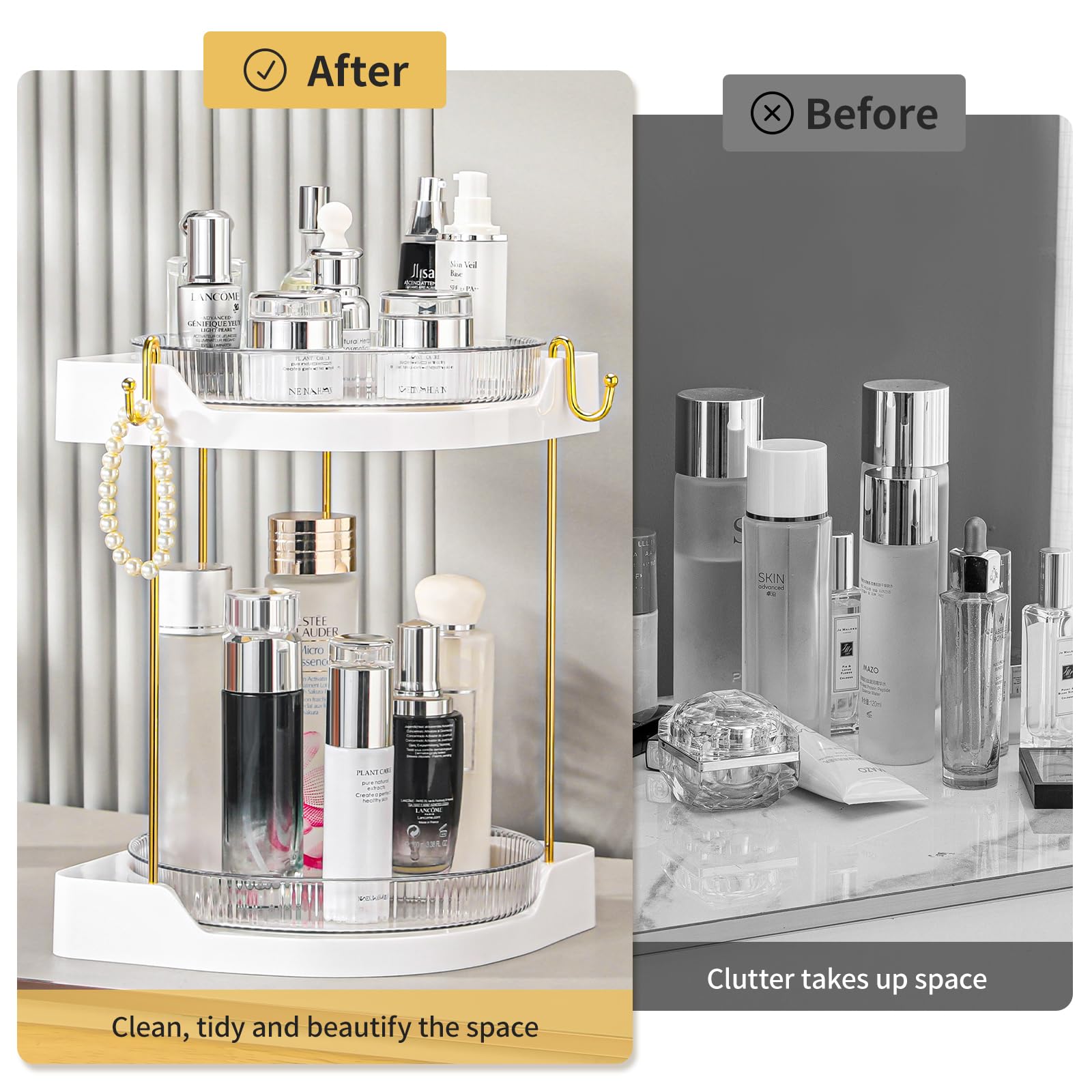 Ycia&Done Corner Makeup Organizer, Luxury Rotating Counter Storage Tray, Skincare Organizers Countertop, High Capacity 2 Tiers L