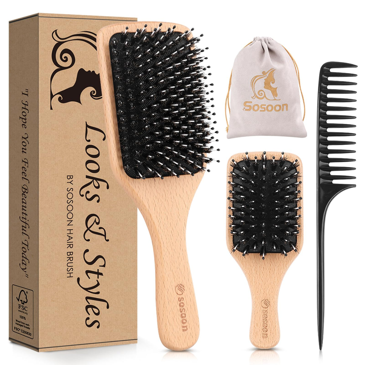 Hair Brush, 2 Pack Boar Bristle Paddle Hairbrush for Women Men Kids Reducing Frizzy, No More Tangle, Small Travel Brush Tail Com