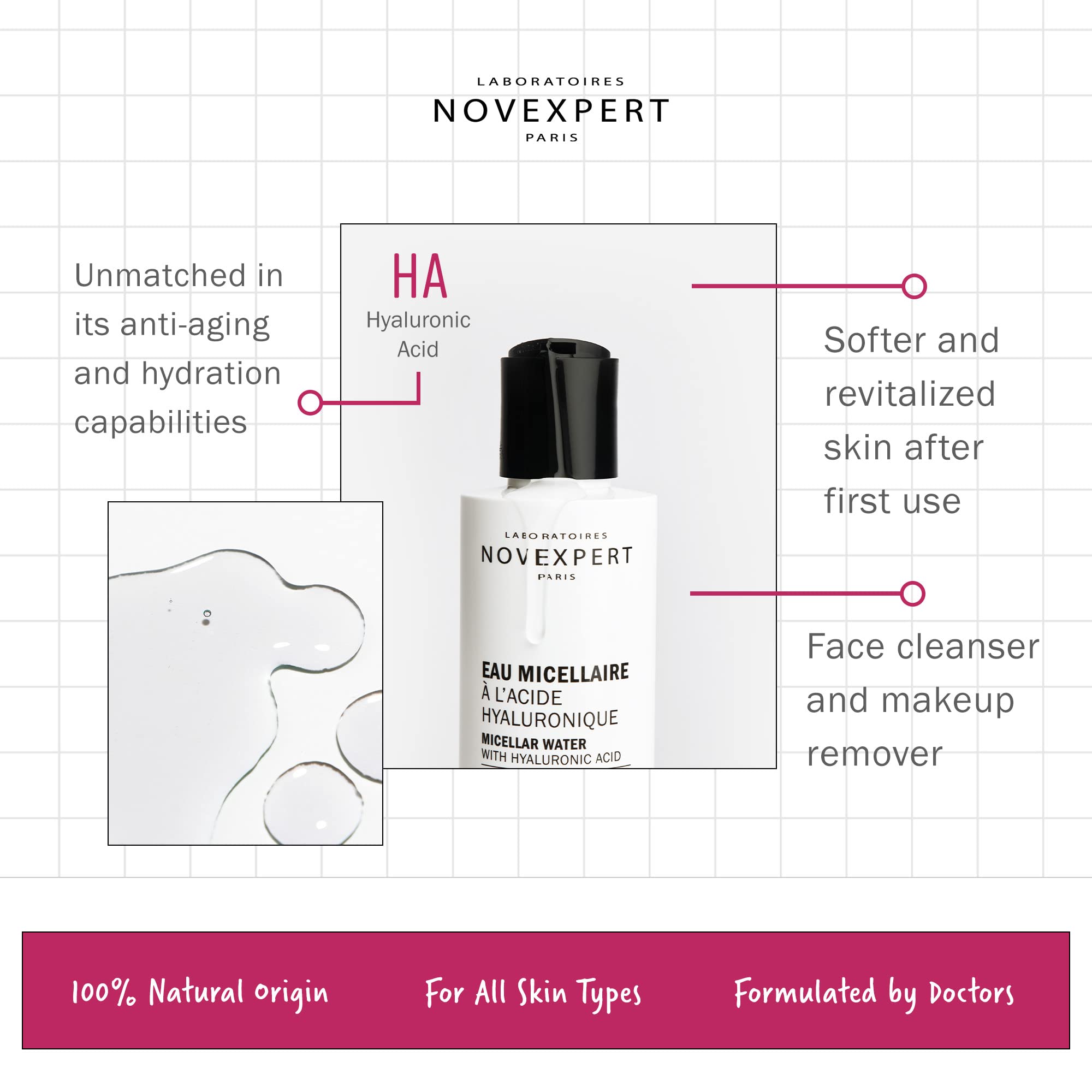 Novexpert Micellar Water Makeup Remover - Anti Aging Facial Cleanser for Women with Hyaluronic Acid - No Rinse Make Up Remover L