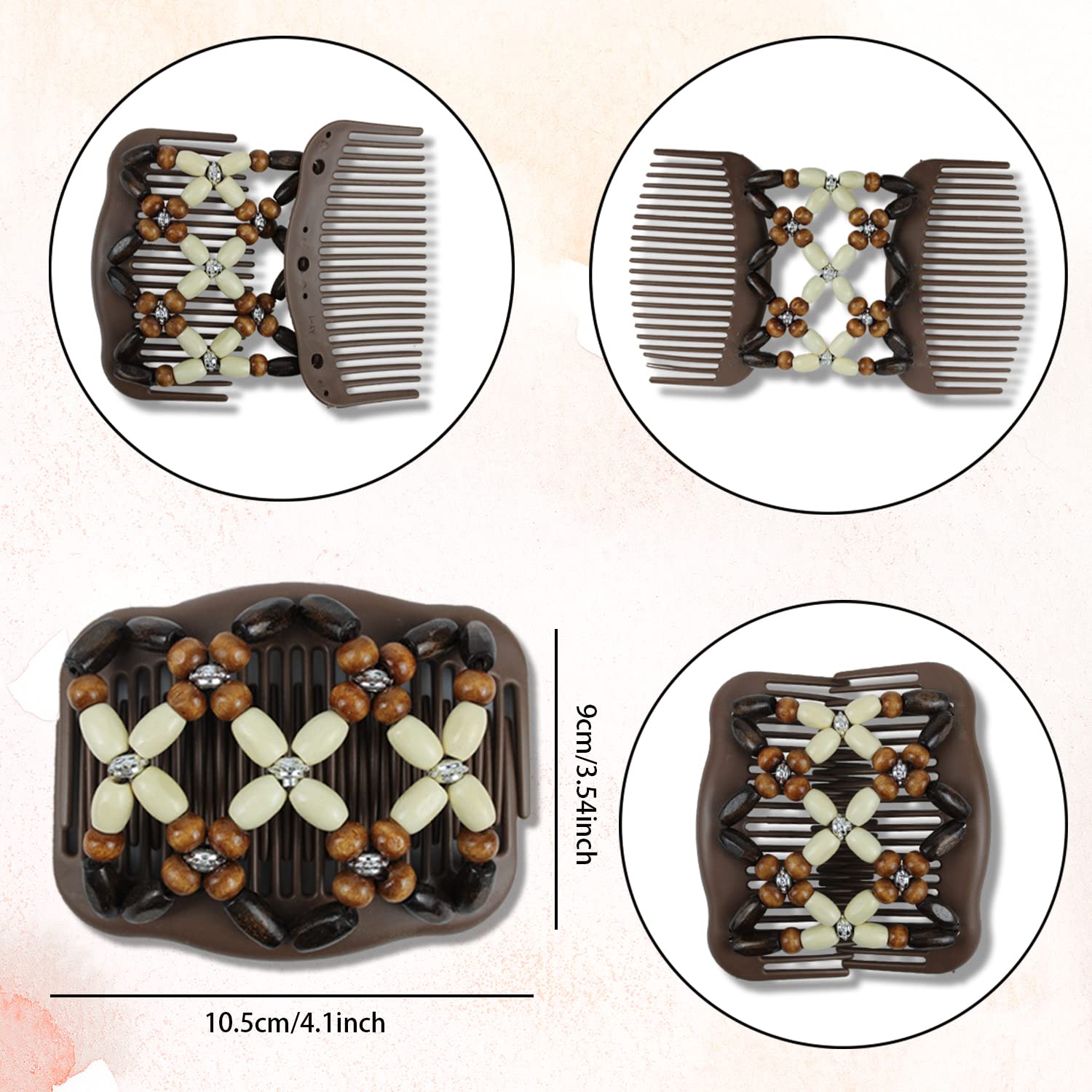 3 Pieces Stretchy Double Comb Hair Clip Magic Hair Side Combs for Women Elastic Wood Beaded Hair Bun Maker Hair Accessories for
