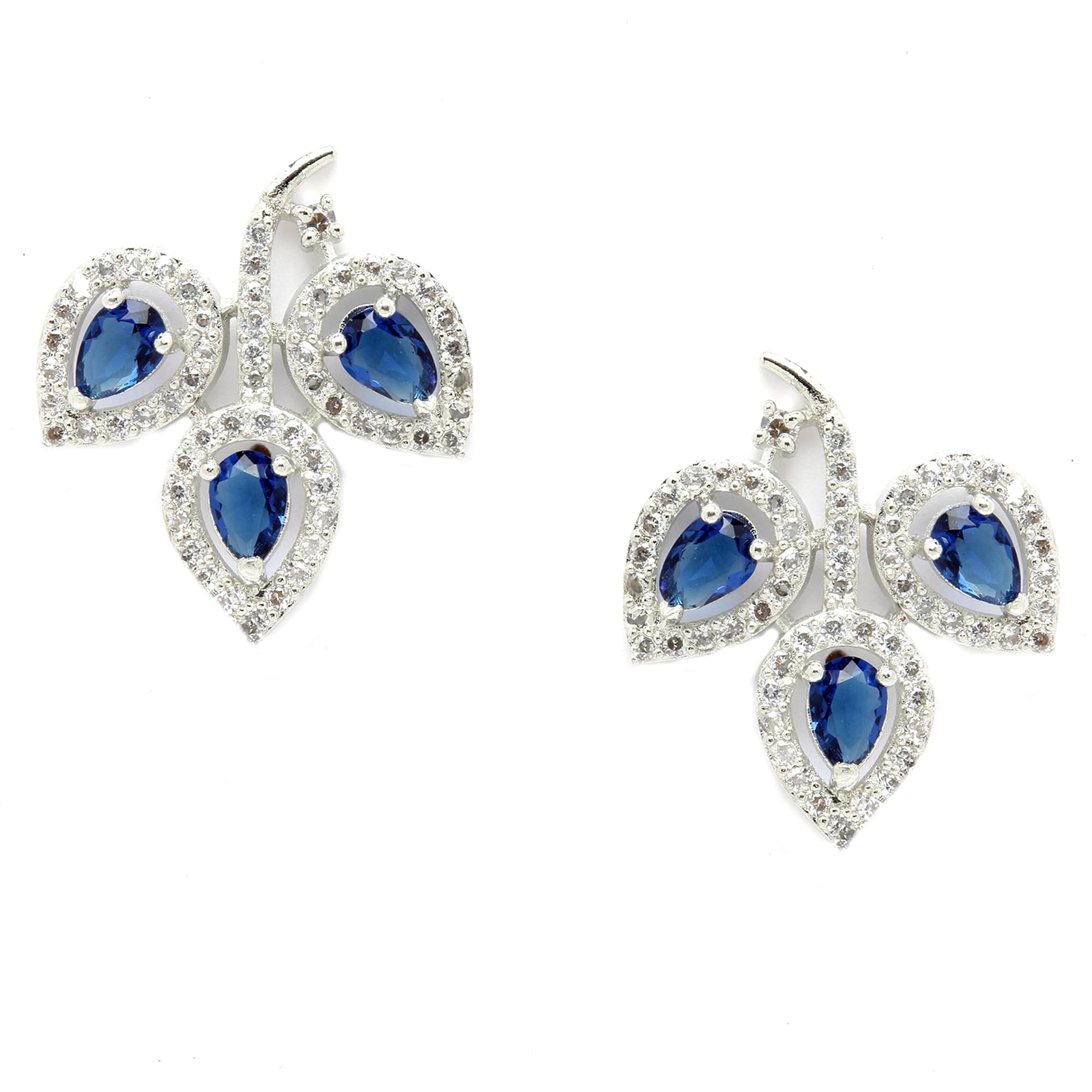 Zeneme Leaf Shaped Rhodium Plated American Diamond Stud Earring For Women And Girls (Blue)