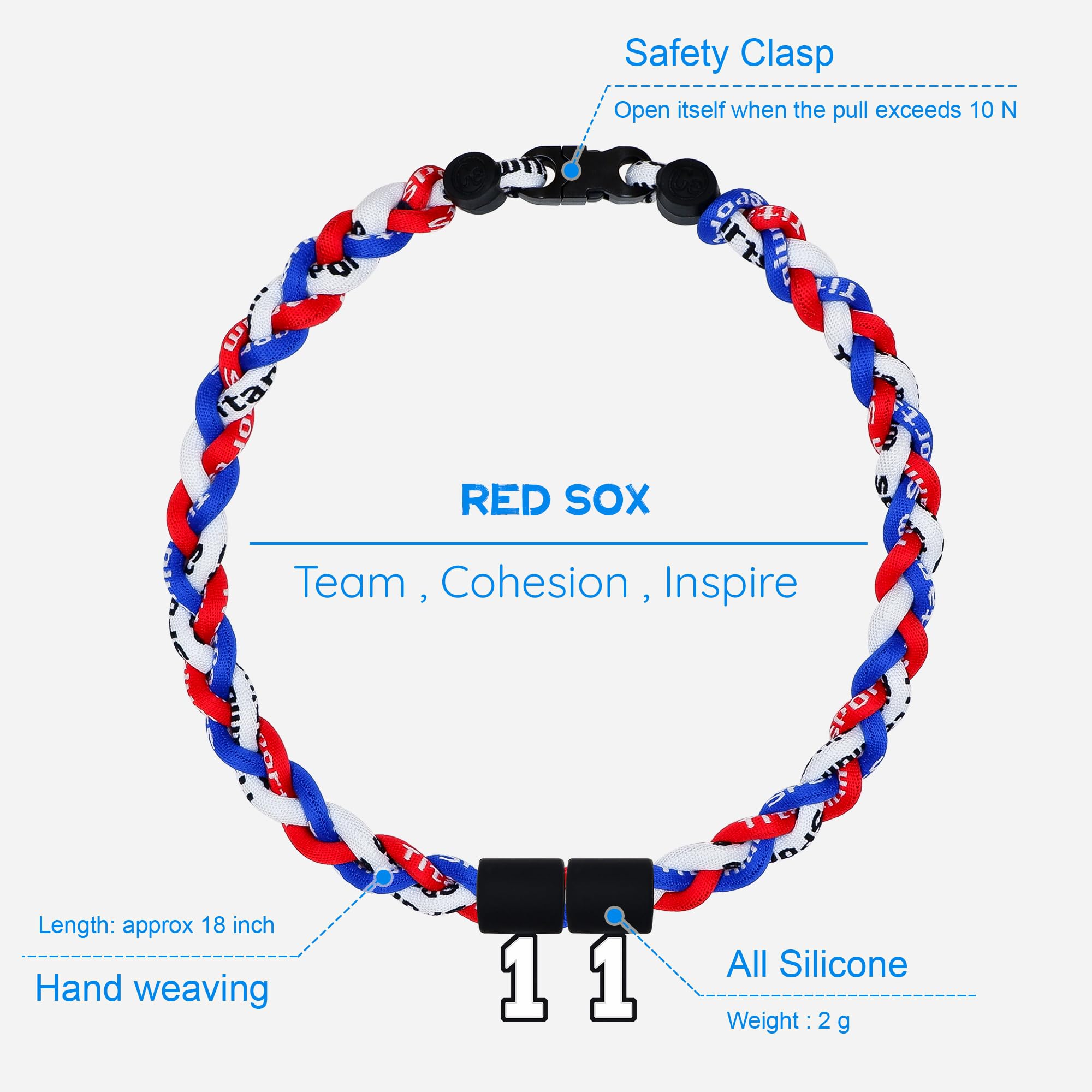 SUPBOMM Baseball Rope Necklaces, League Team Colors Braided Necklace with Number Pendant, Baseball Team Gifts, Red Sox, No. 11