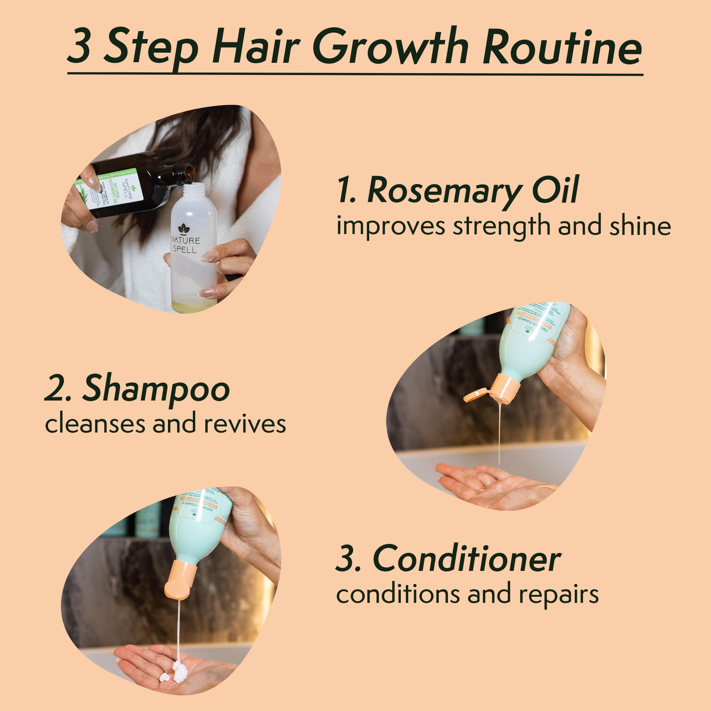 Nature Spell Hair Growth Trio, Pre-Diluted Rosemary Oil for Hair & Scalp, Shampoo & Conditioner Set, Sulphate-Free, Colour-Safe,