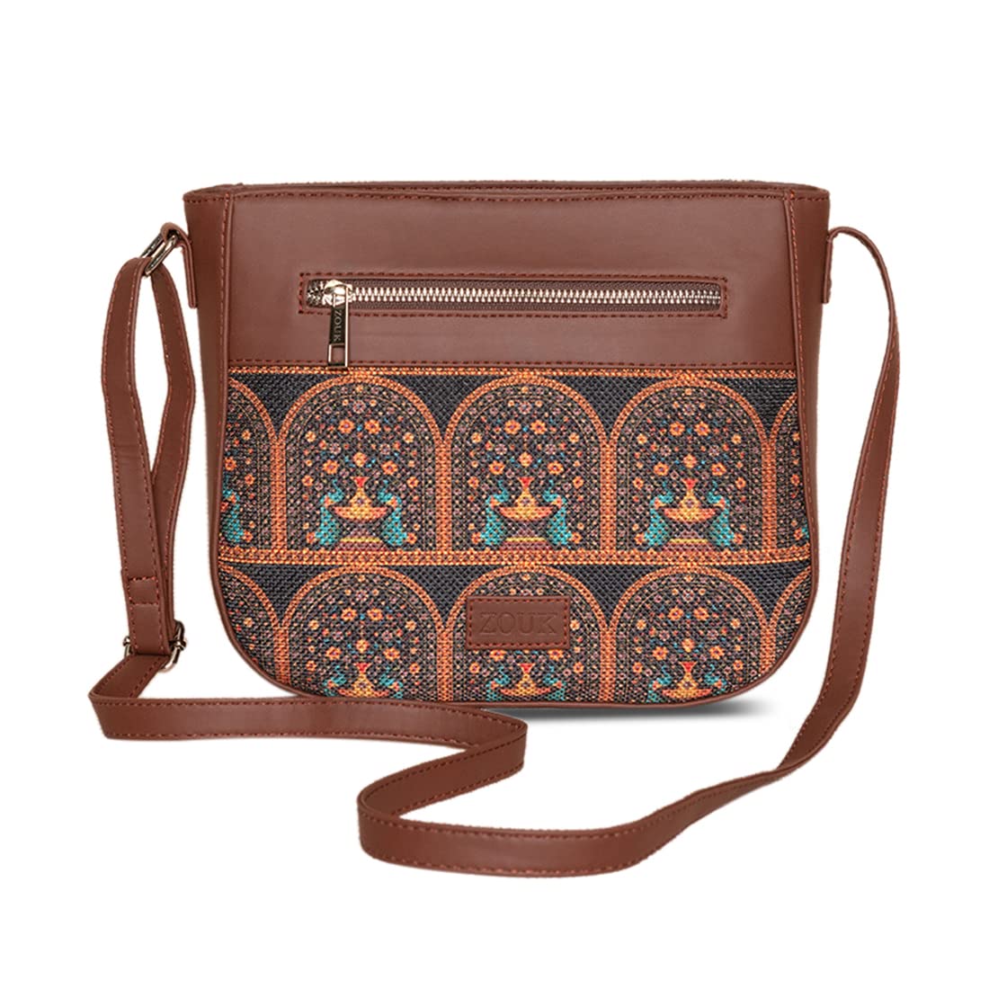 Zouk Womens Handcrafted Black Royal Indian Motif Printed U Shaped Sling Bag