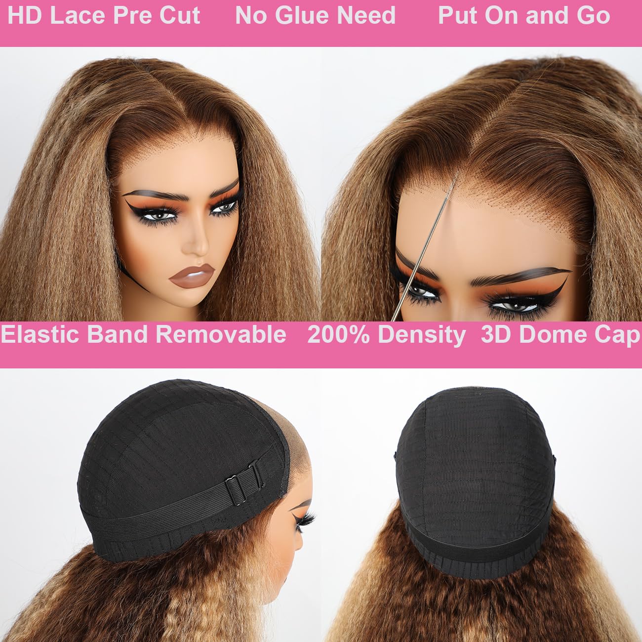 Domiso 22 Inch Highlight 4/27 Wear And Go Glueless Wig Ombre Kinky Straight Hd Lace Pre Cut 6X4.6 Hd Lace Wigs Human Hair For Wo