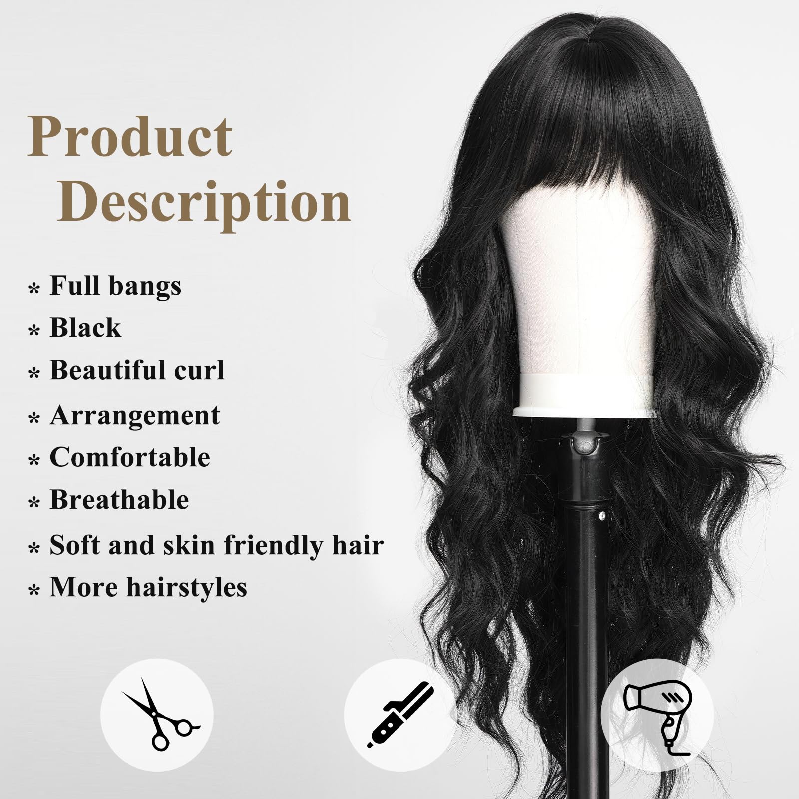 Haircube Black Wig Long Curly Wig With Bangs Natural Appearance Heat-Resistant Synthetic Wig Suitable For Fashionable Women