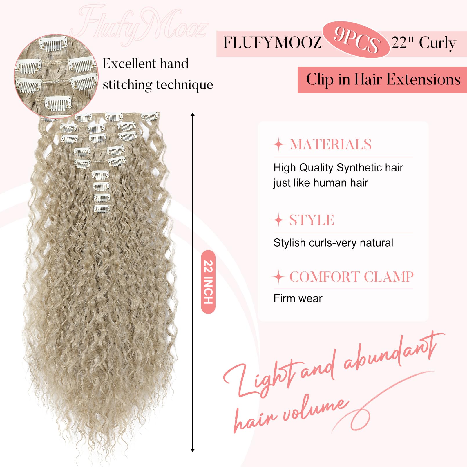 Flufymooz 9Pcs Clip In Hair Extensions 22 Inch Curly Hair Extension Long Soft Synthetic Hairpieces For Women (Ash Blonde)