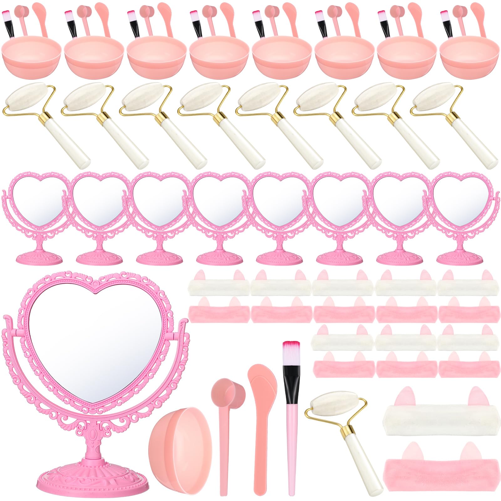 Vertintong 8 Set Spa Party Supplies For Girls Including 8 Heart Shaped Stand Mirrors 8 Jade Roller For Face 8 Face Brushes Kit 8