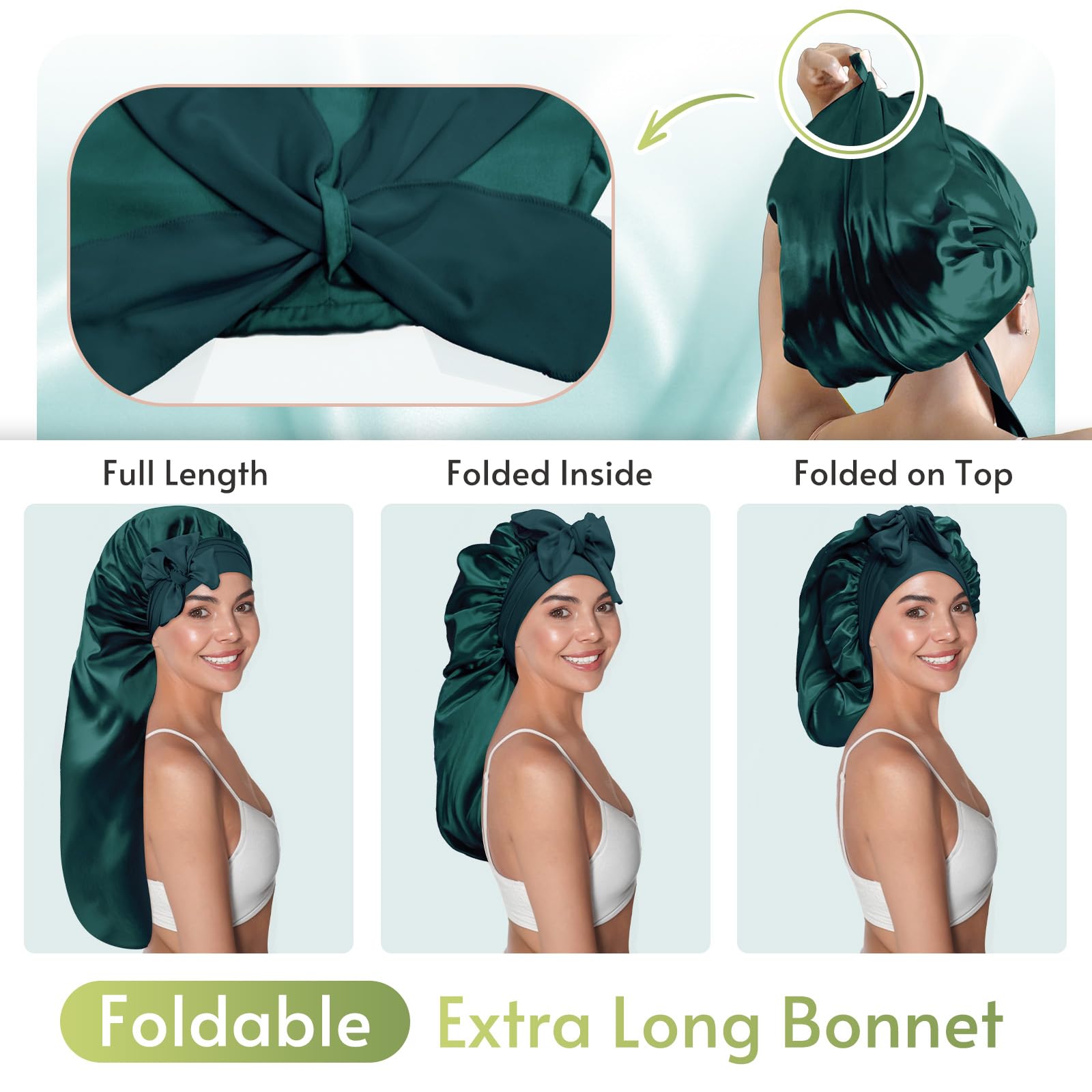 BONNET QUEEN Bonnet for Braids Silk Bonnet Extra Long Satin Bonnet for Sleeping Hair Bonnet for Locs with Tie Band Darkish Green