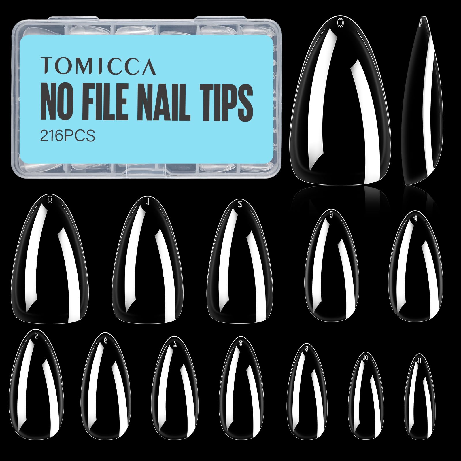 TOMICCA Almond Nail Tips - Medium Almond Clear Nails Tips, Full Cover Acrylic Nail Tips for Nail Extension 216Pcs 12Sizes