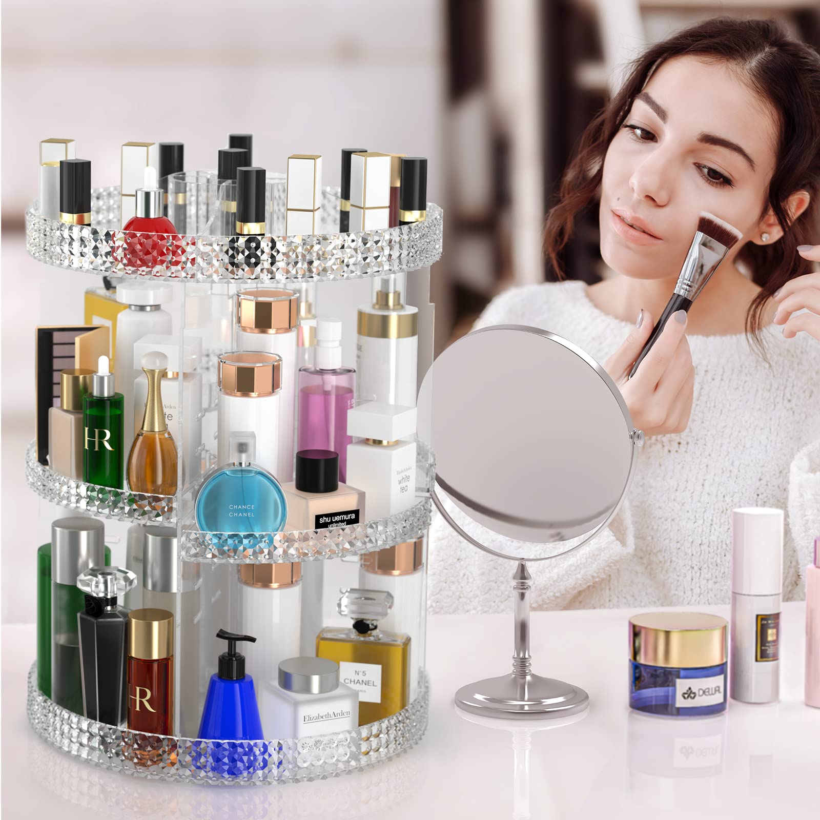 Famitree 360 Rotating Makeup Organizer, X-Large Clear Acrylic Perfume Storage for Vanity and Bathroom