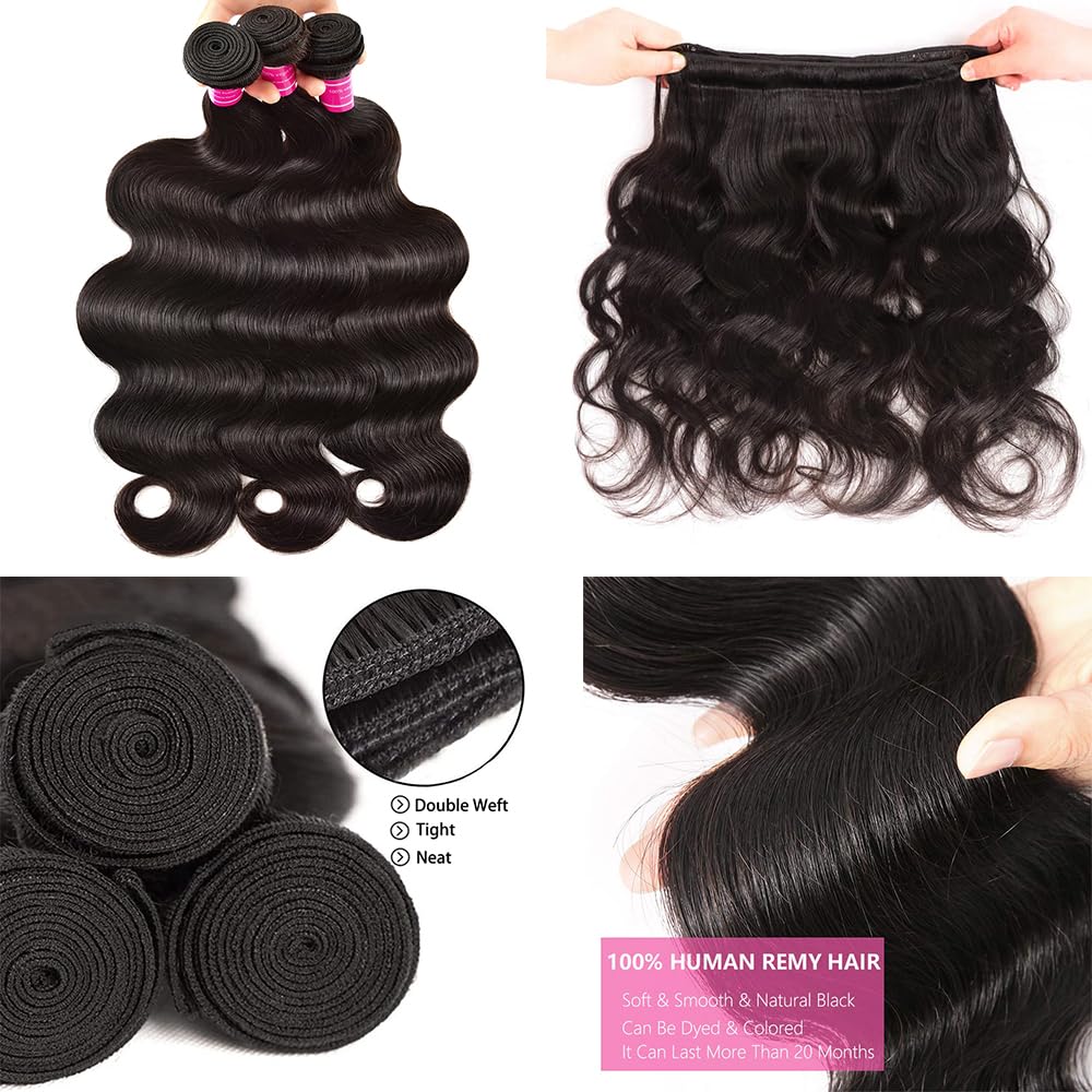 Body Wave Human Hair 3 Bundles With Closure(18 20 22+16) 10A Unprocessed Brazilian Virgin Human Hair Body Wave Bundles With 4X4