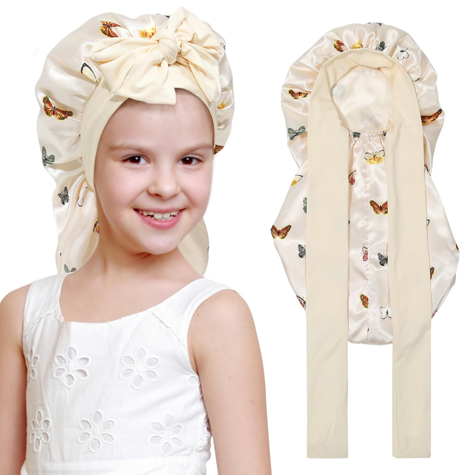 Kids Long Hair Bonnet for Sleeping - Double Layer Girls Elastic Satin Bonnet with Tie Band for Braid Curly Hair (Butterfly+Beige