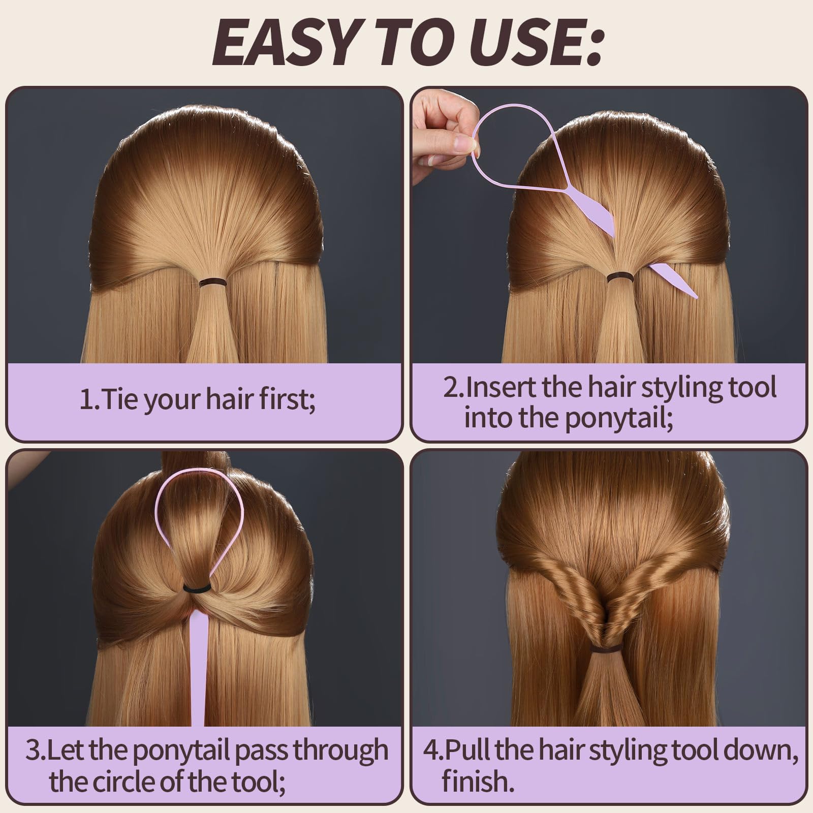 Teenitor 4Pcs Pony Tail Hair Tools, 2 Pairs Hair Loop Styling Tool Ponytail Hair Pull Through Tool French Braiding Hair Tool, Ha
