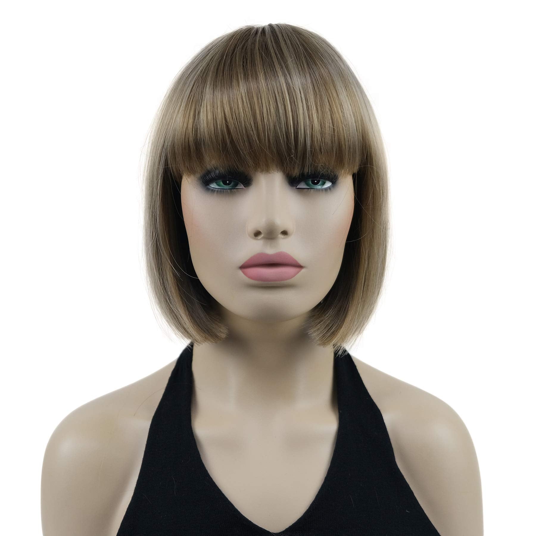 Lydell 8'' Straight Short Bob Hair Flat Bangs Cute Central Dot Skin Top Heat Resistant Synthetic Wigs (14-24 Lt Golden Brown)